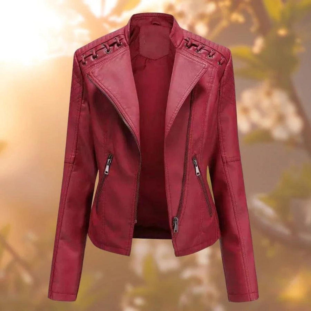 Fitted Faux Leather Biker Jacket with Lace-Up Shoulders 4
