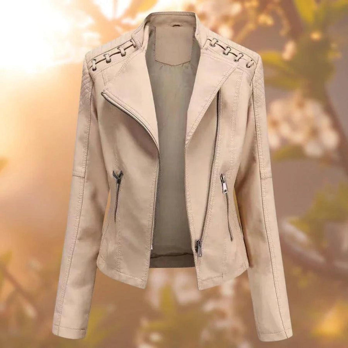 Fitted Faux Leather Biker Jacket with Lace-Up Shoulders 5