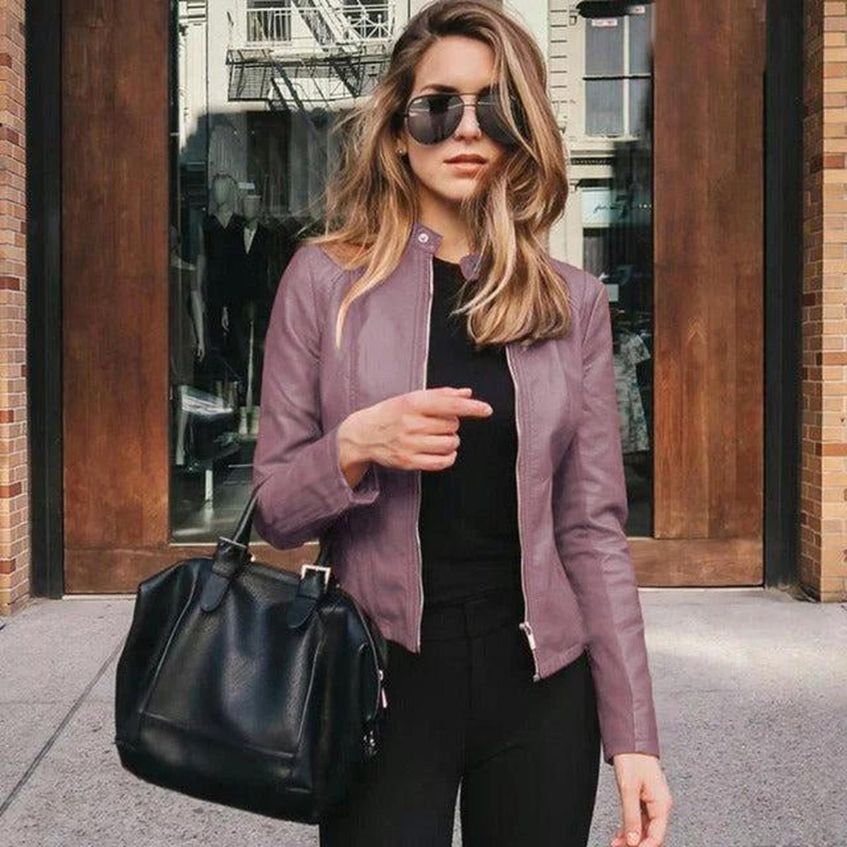 Fitted Faux Leather Jacket with Zip Front and Collarless Design 6