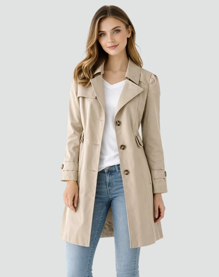 Fitted Trench Coat with Gold Buttons and Structured Cuffs 0