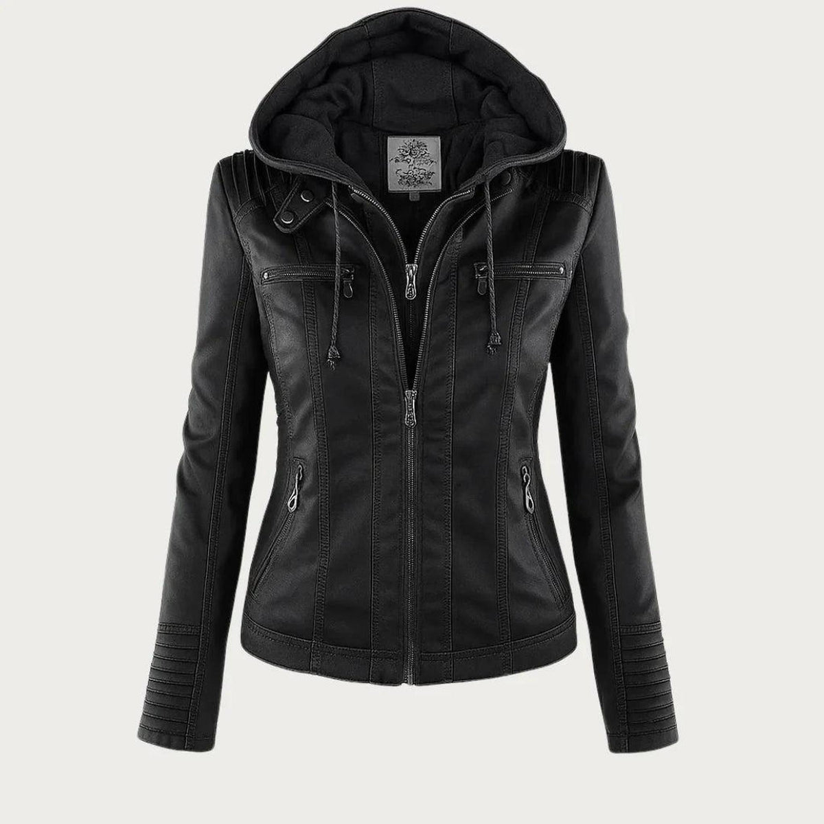 Fitted Vegan Leather Biker Jacket with Removable Hood 2