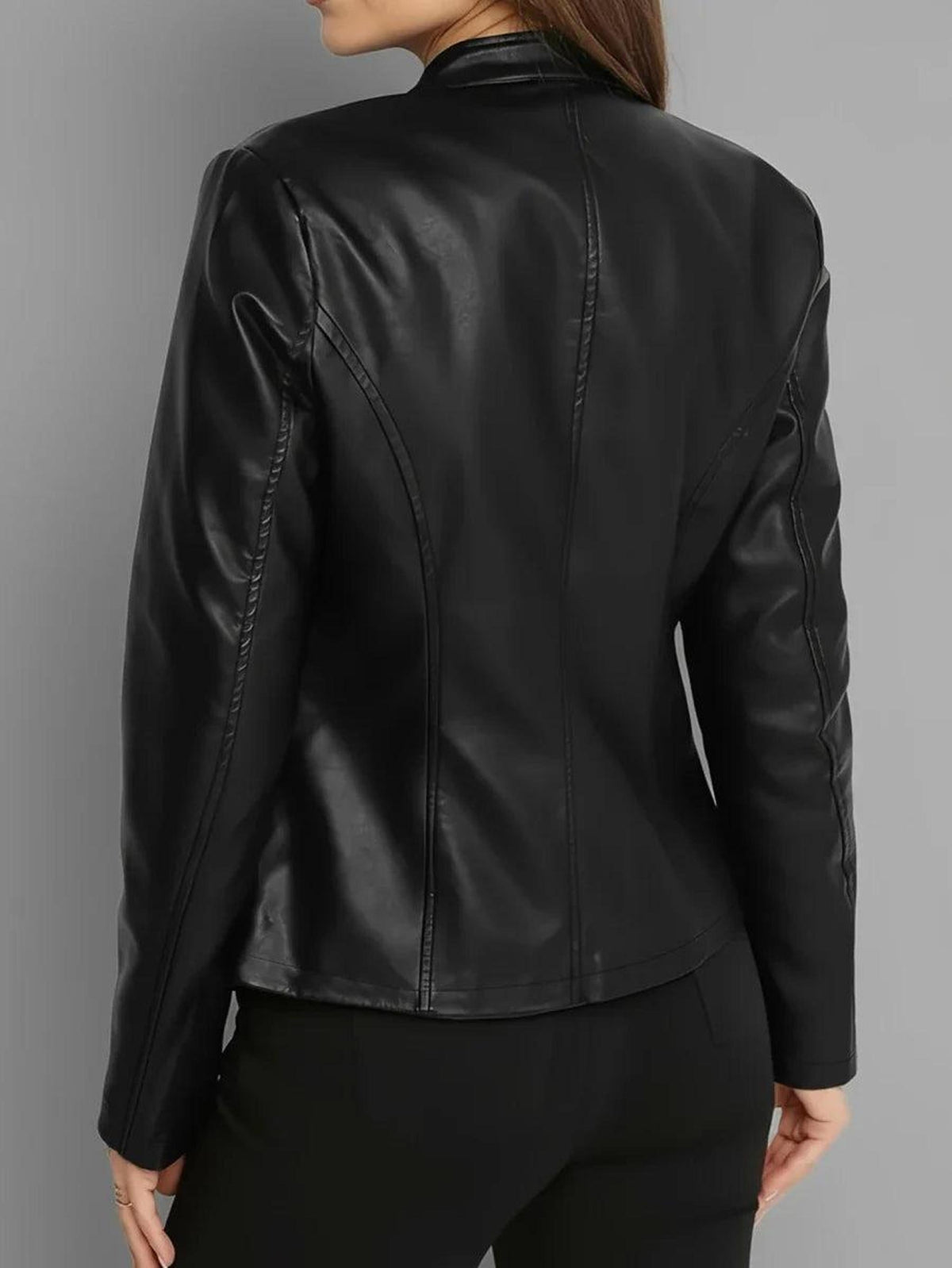 Fitted Vegan Leather Biker Jacket with Stand Collar 1