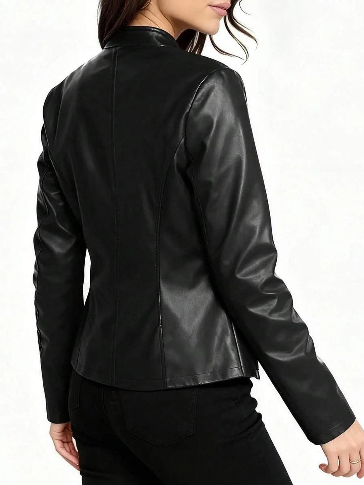 Fitted Vegan Leather Biker Jacket with Stand Collar 2