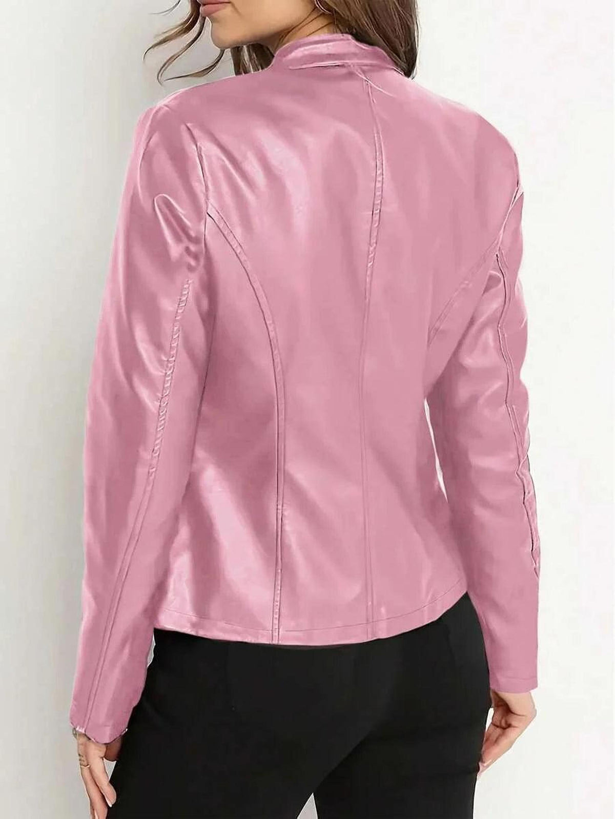 Fitted Vegan Leather Biker Jacket with Stand Collar 4