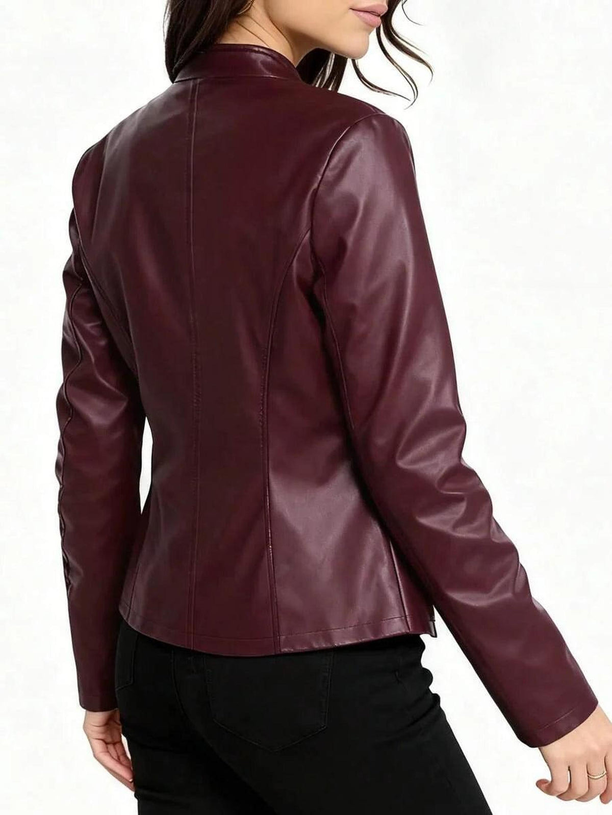Fitted Vegan Leather Biker Jacket with Stand Collar 7