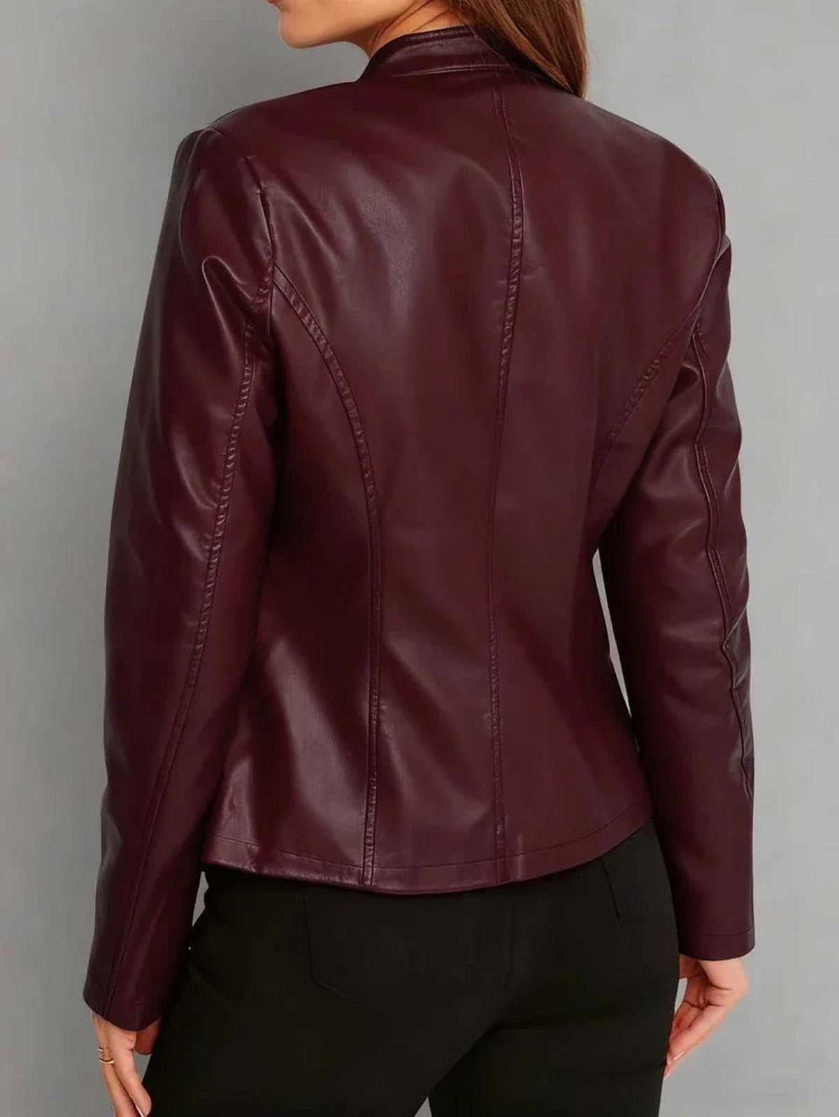 Fitted Vegan Leather Biker Jacket with Stand Collar 8