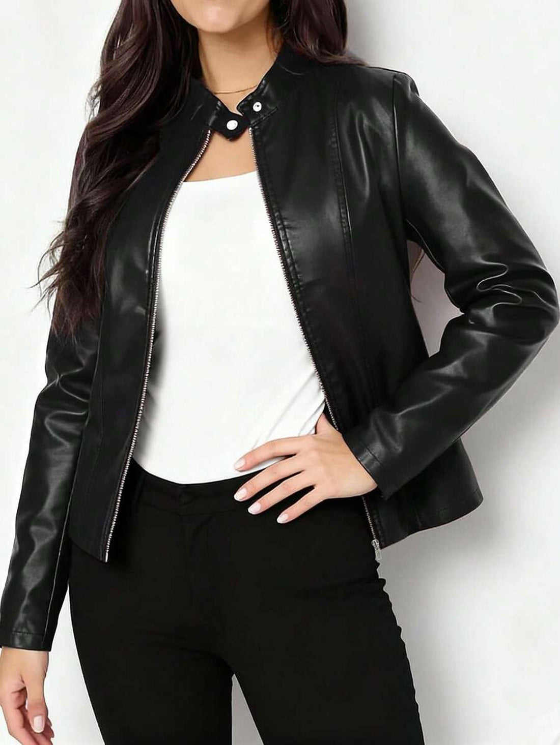 Fitted Vegan Leather Biker Jacket with Stand Collar 0