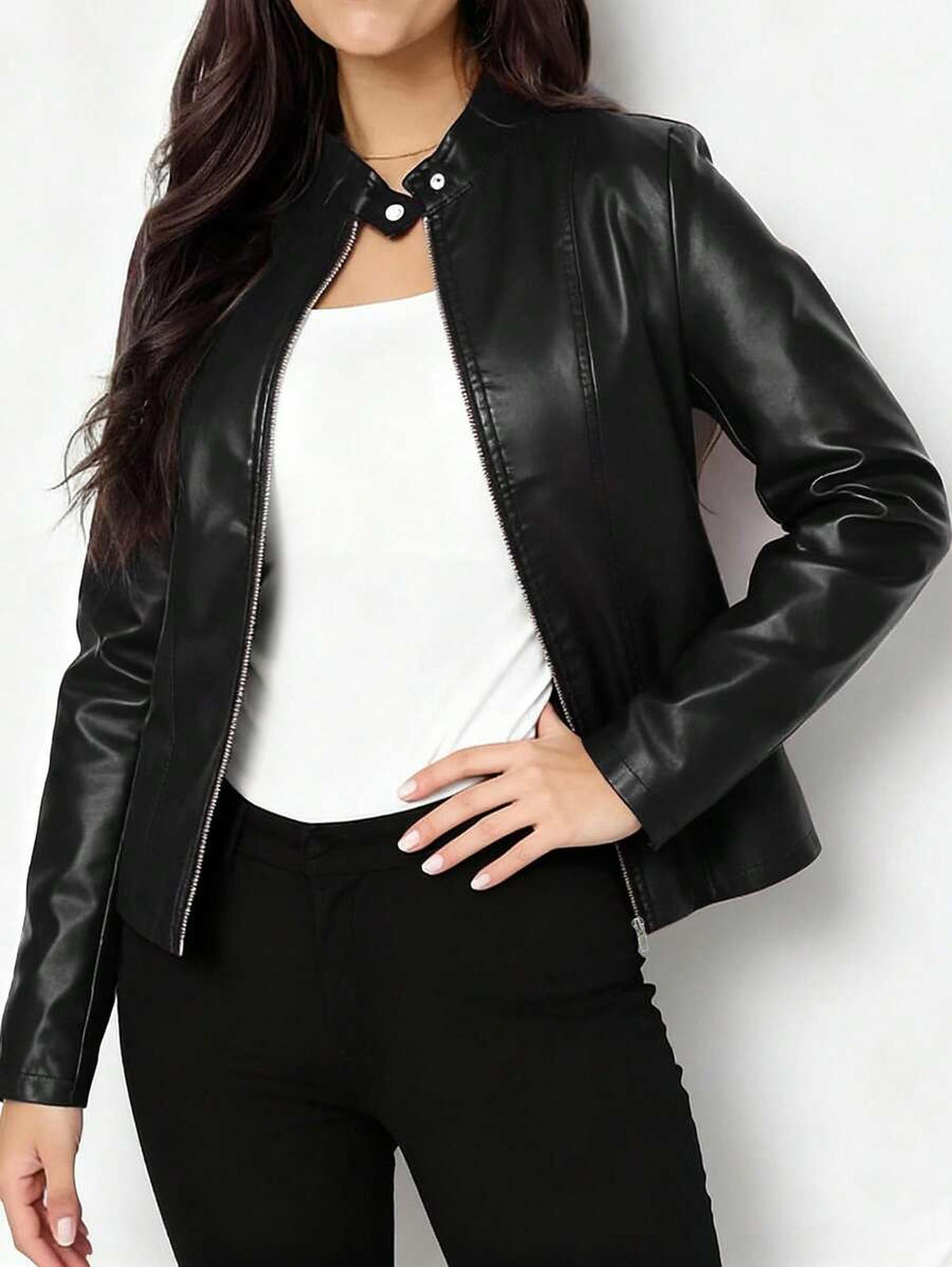 Fitted Vegan Leather Biker Jacket with Stand Collar 0