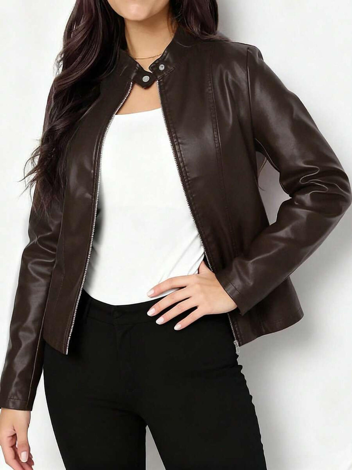 Fitted Vegan Leather Biker Jacket with Stand Collar 10
