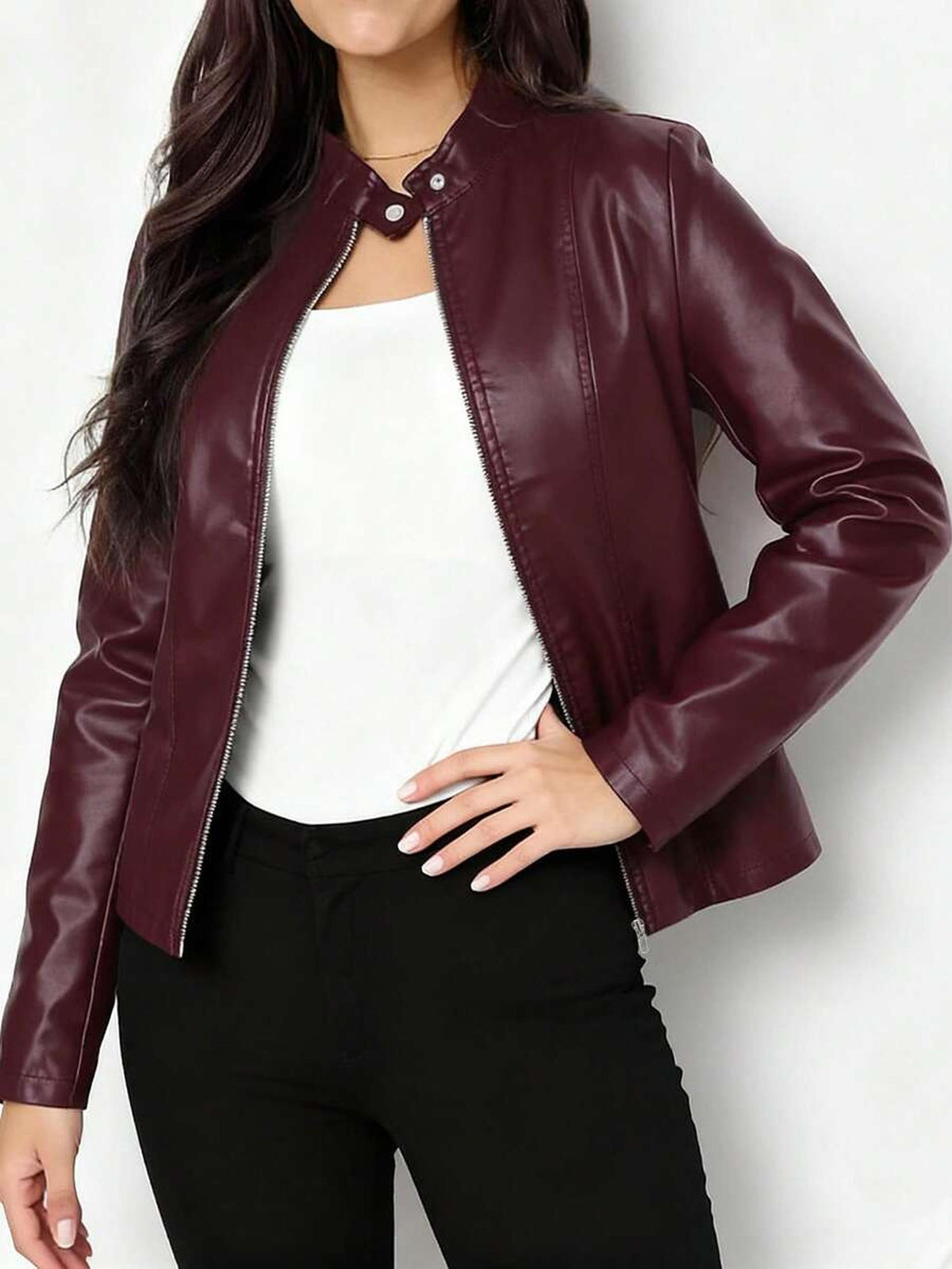 Fitted Vegan Leather Biker Jacket with Stand Collar 6