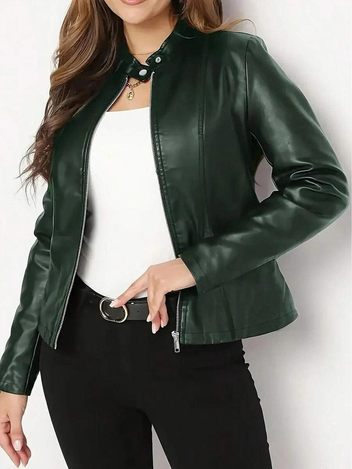 Fitted Vegan Leather Biker Jacket with Stand Collar 9