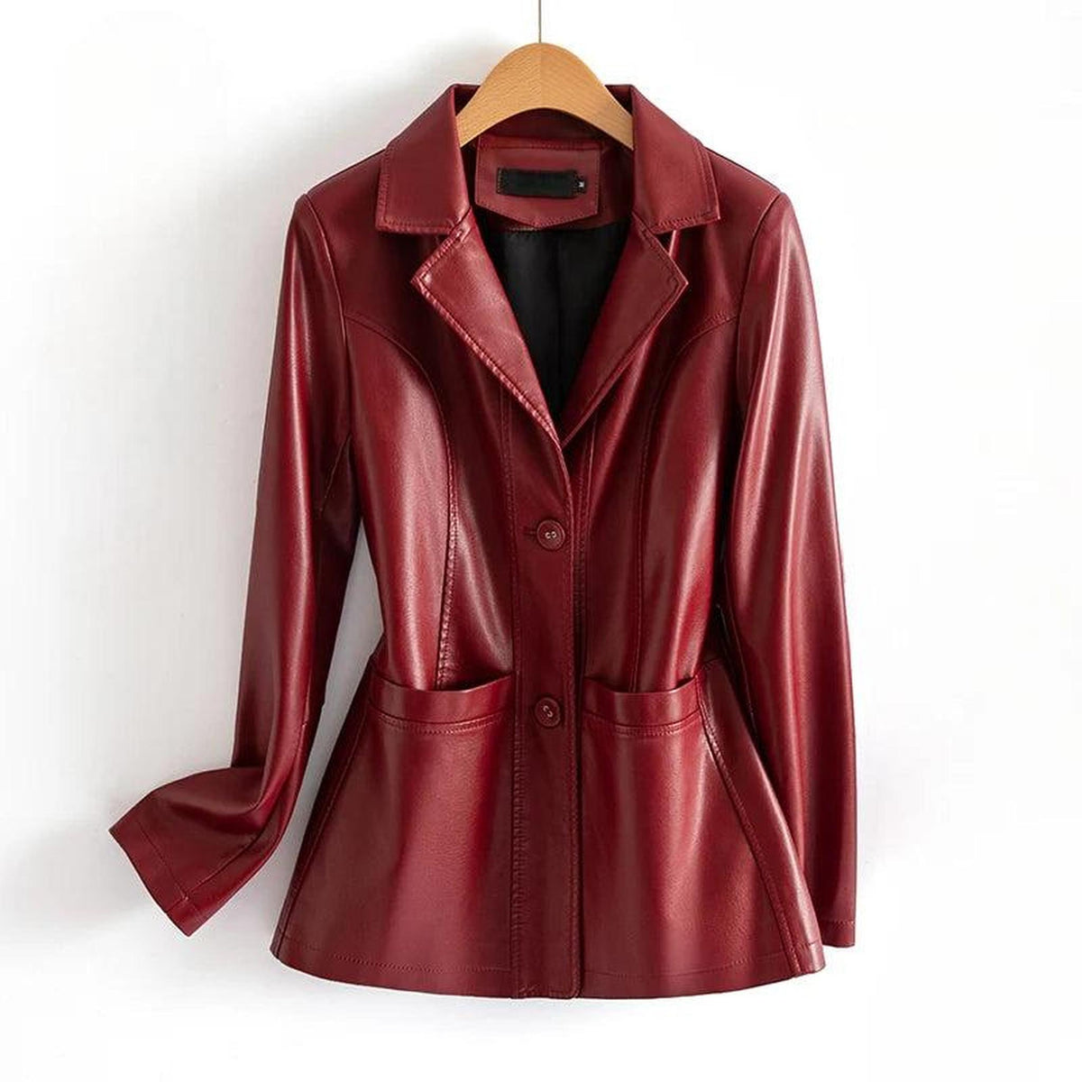 Fitted Vegan Leather Jacket with Waist Detail and Pockets 1