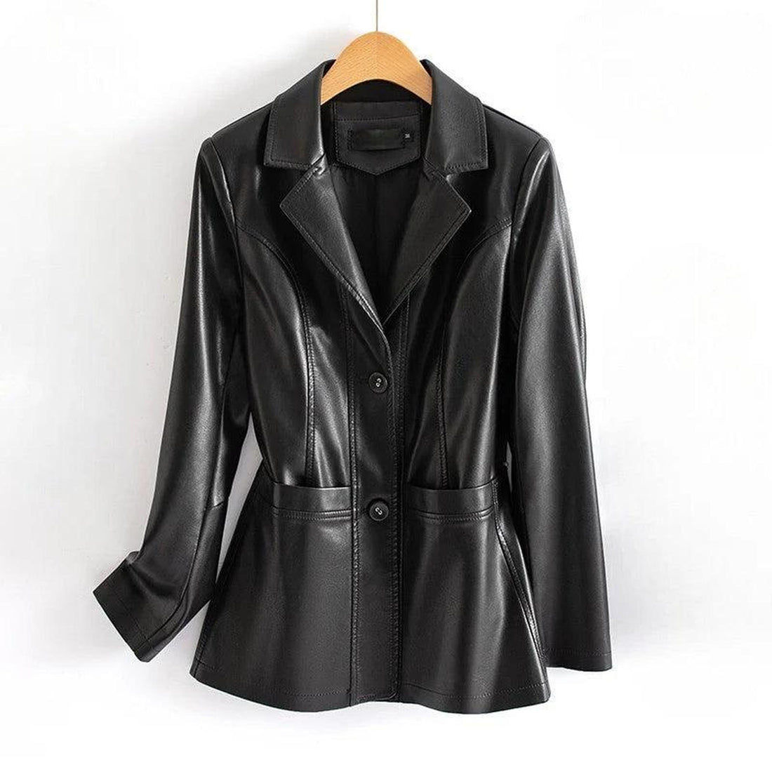 Fitted Vegan Leather Jacket with Waist Detail and Pockets 0