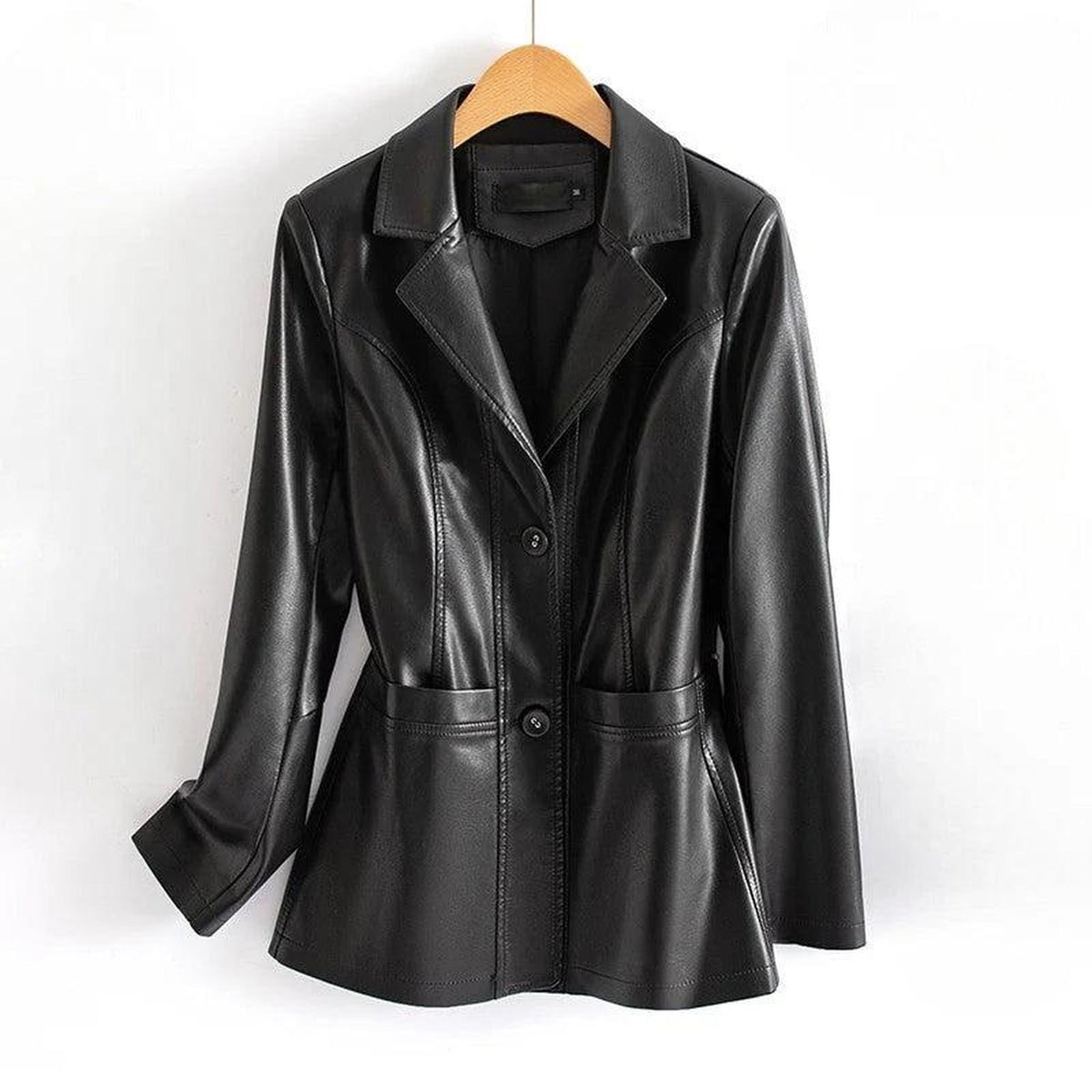 Fitted Vegan Leather Jacket with Waist Detail and Pockets 0