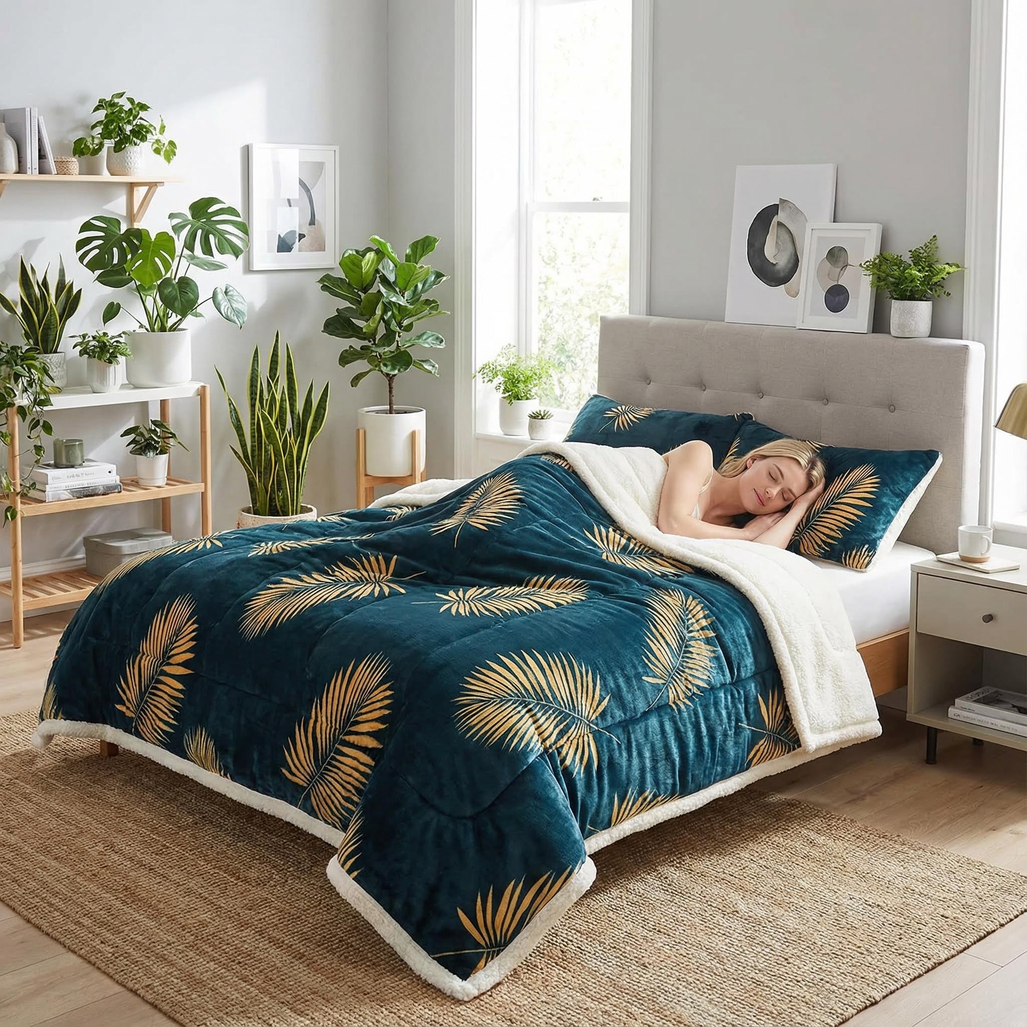 Woman sleeping under a teal flannel fleece blanket with golden palm leaf print and a cream sherpa reverse.