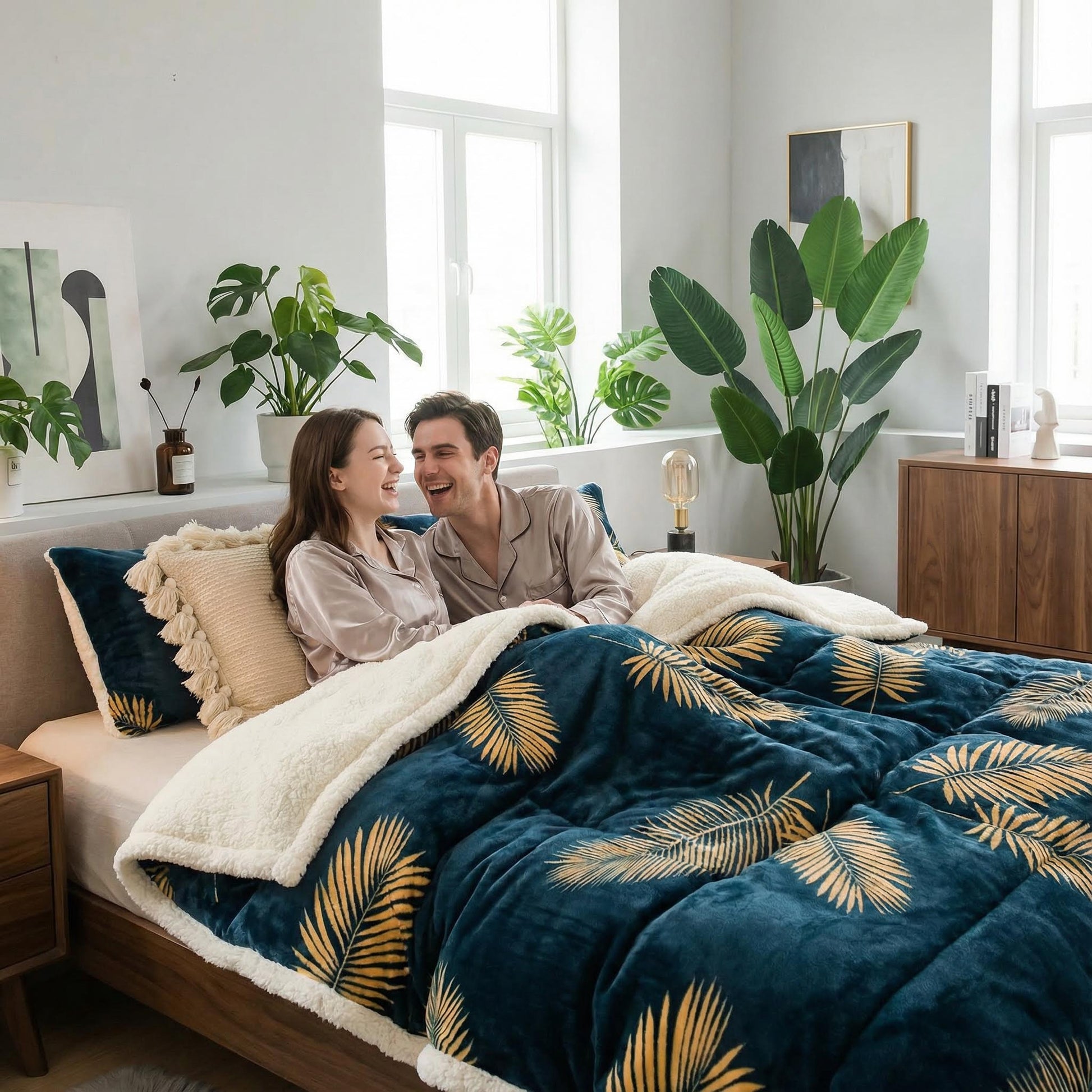 Cozy couple on a bed with a reversible navy blue flannel fleece blanket featuring gold palm leaves and a cream sherpa lining.