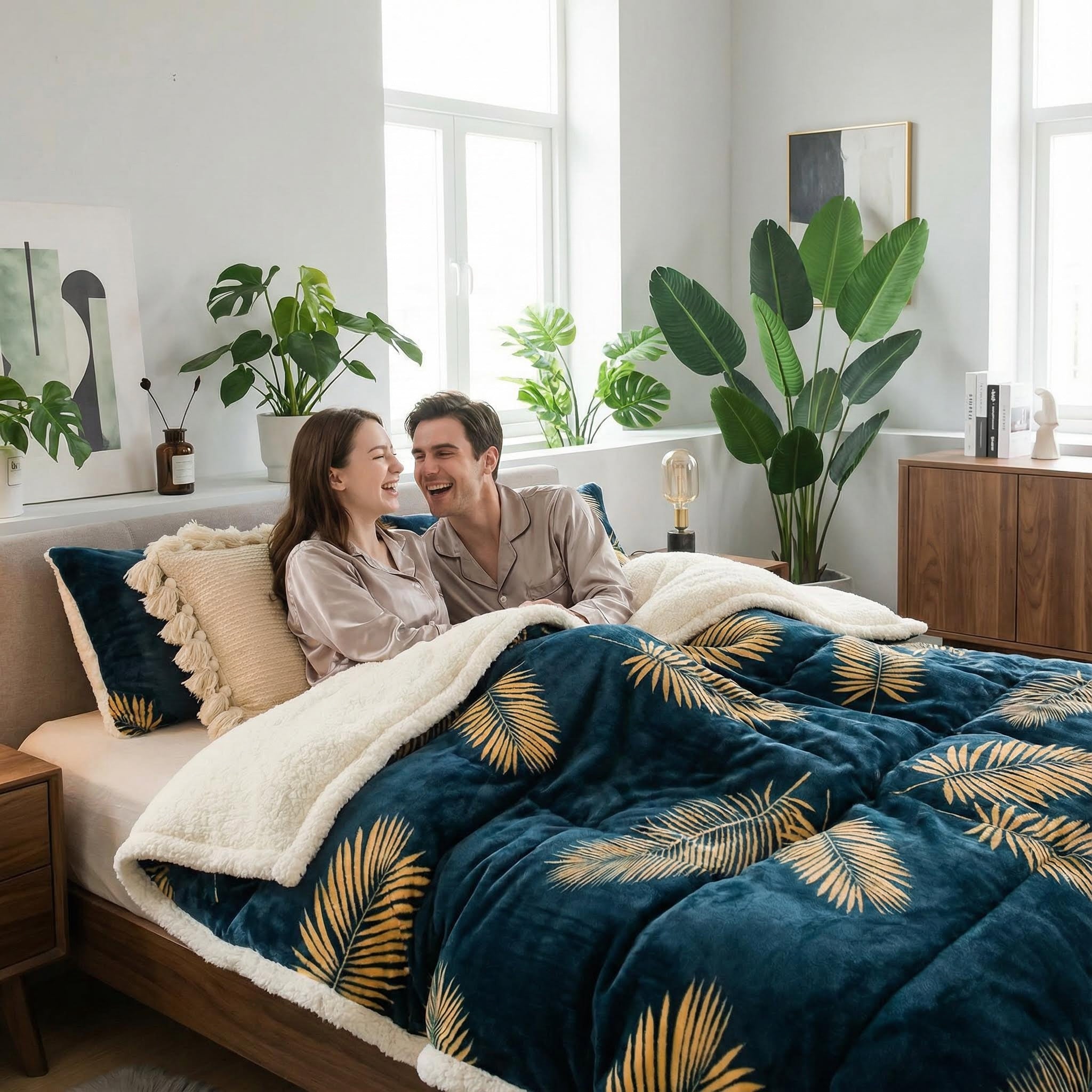 Cozy couple on a bed with a reversible navy blue flannel fleece blanket featuring gold palm leaves and a cream sherpa lining.