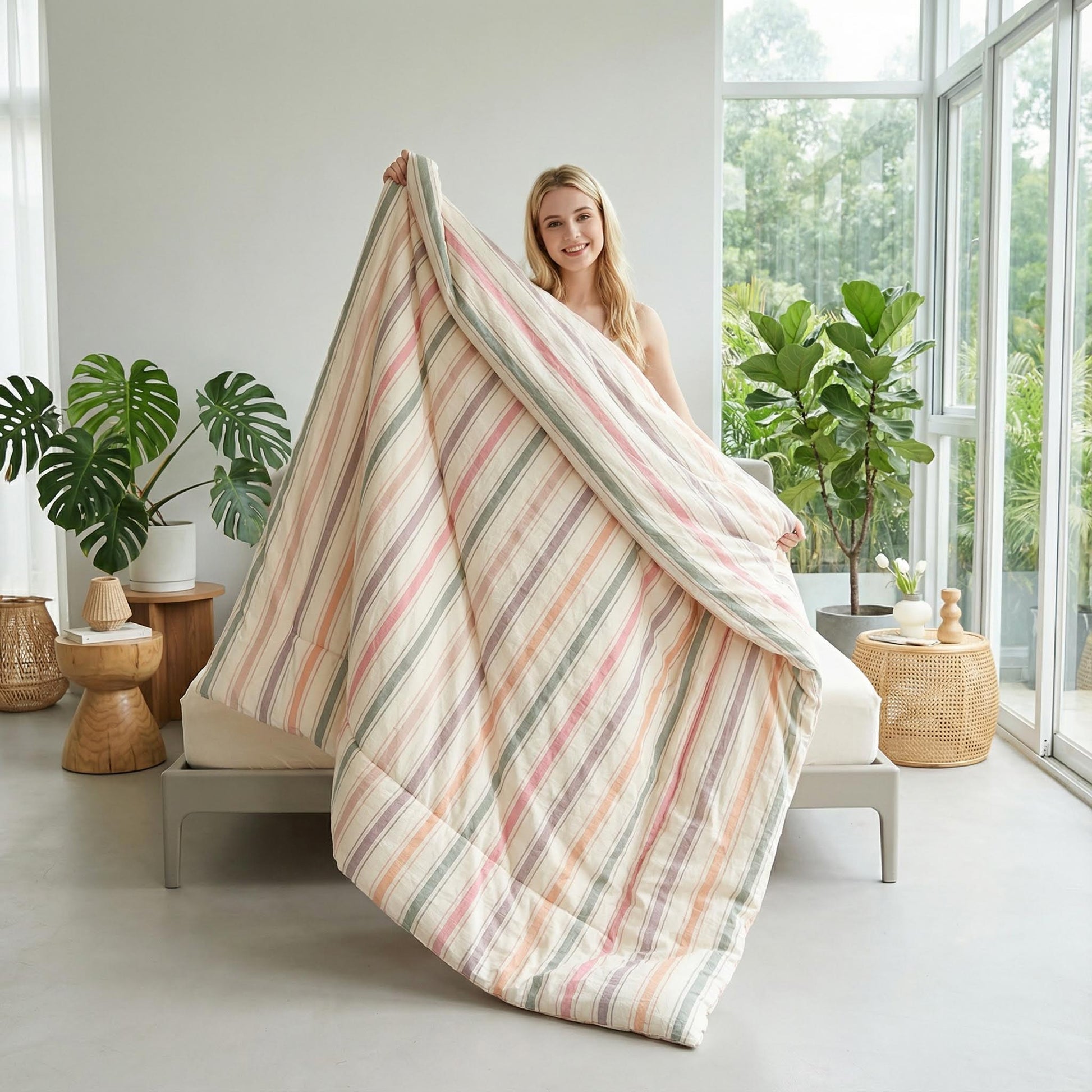 Smiling woman holding a soft, striped flannel fleece blanket in pastel pink, green, and beige.