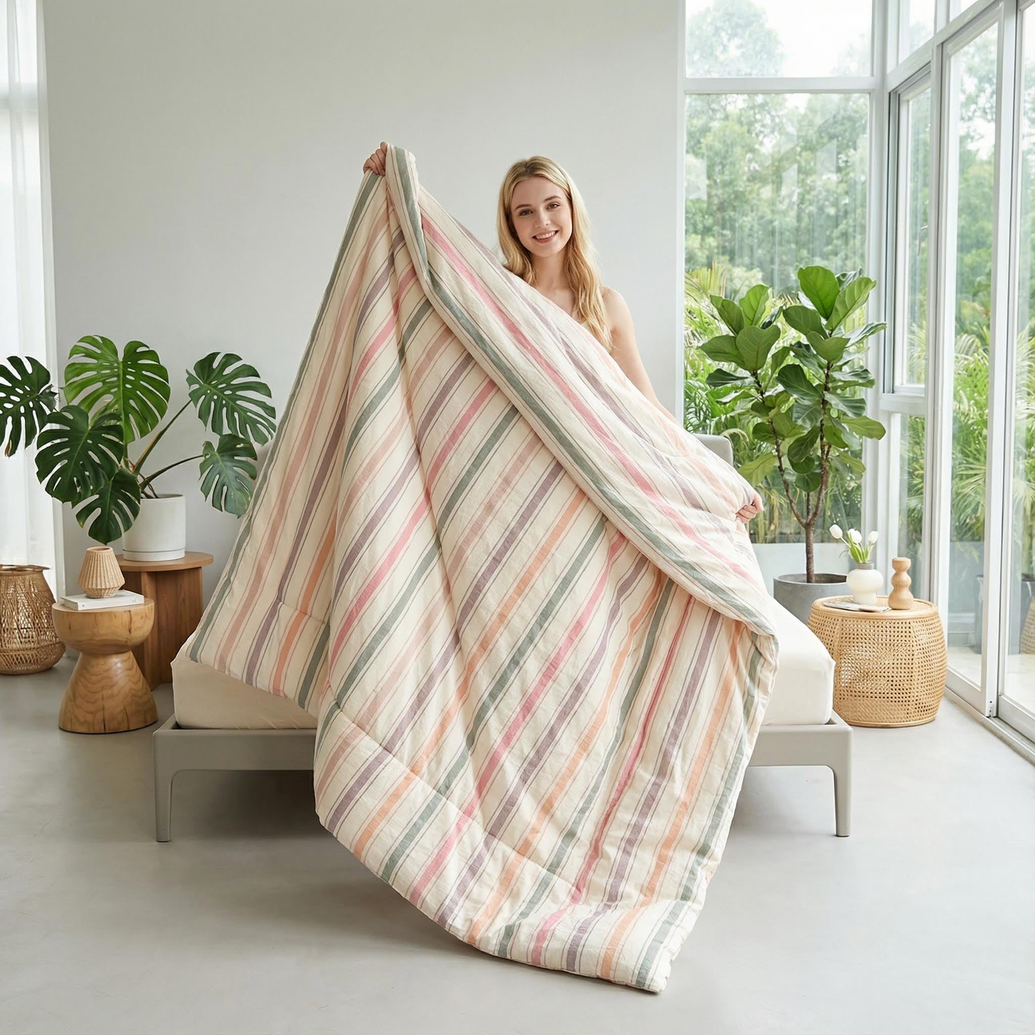 Smiling woman holding a soft, striped flannel fleece blanket in pastel pink, green, and beige.