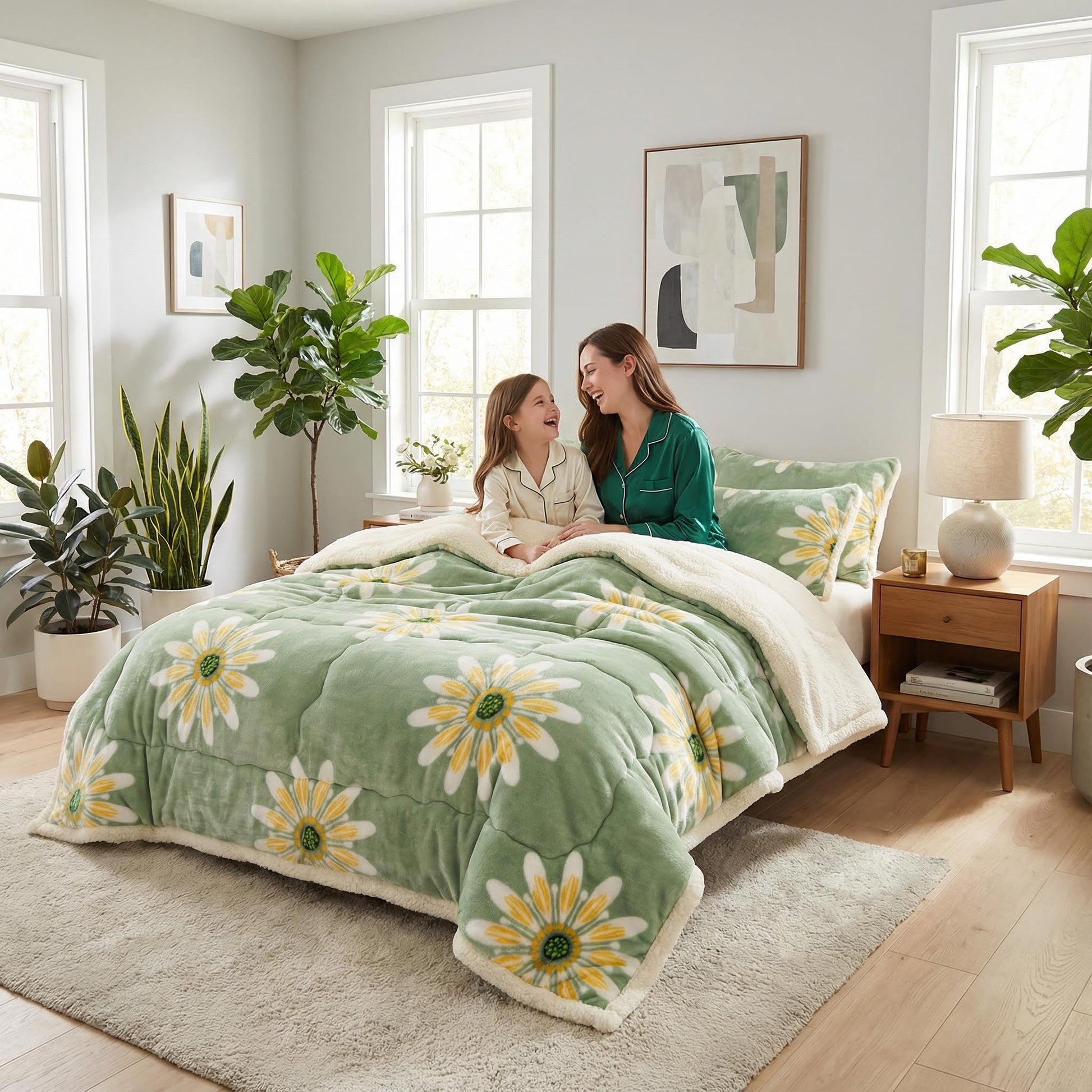 Green flannel fleece blanket with yellow daisy print and sherpa lining on a bed with a mother and child.