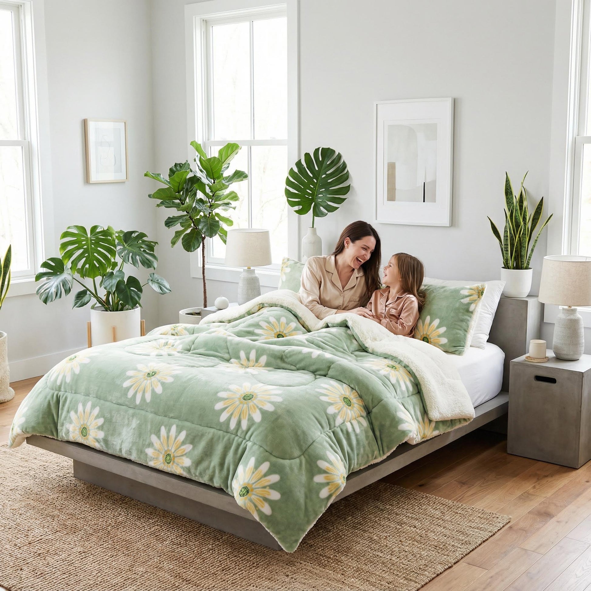 Mother and child on a bed with a green flannel fleece blanket featuring yellow daisy flowers and a cozy sherpa lining.