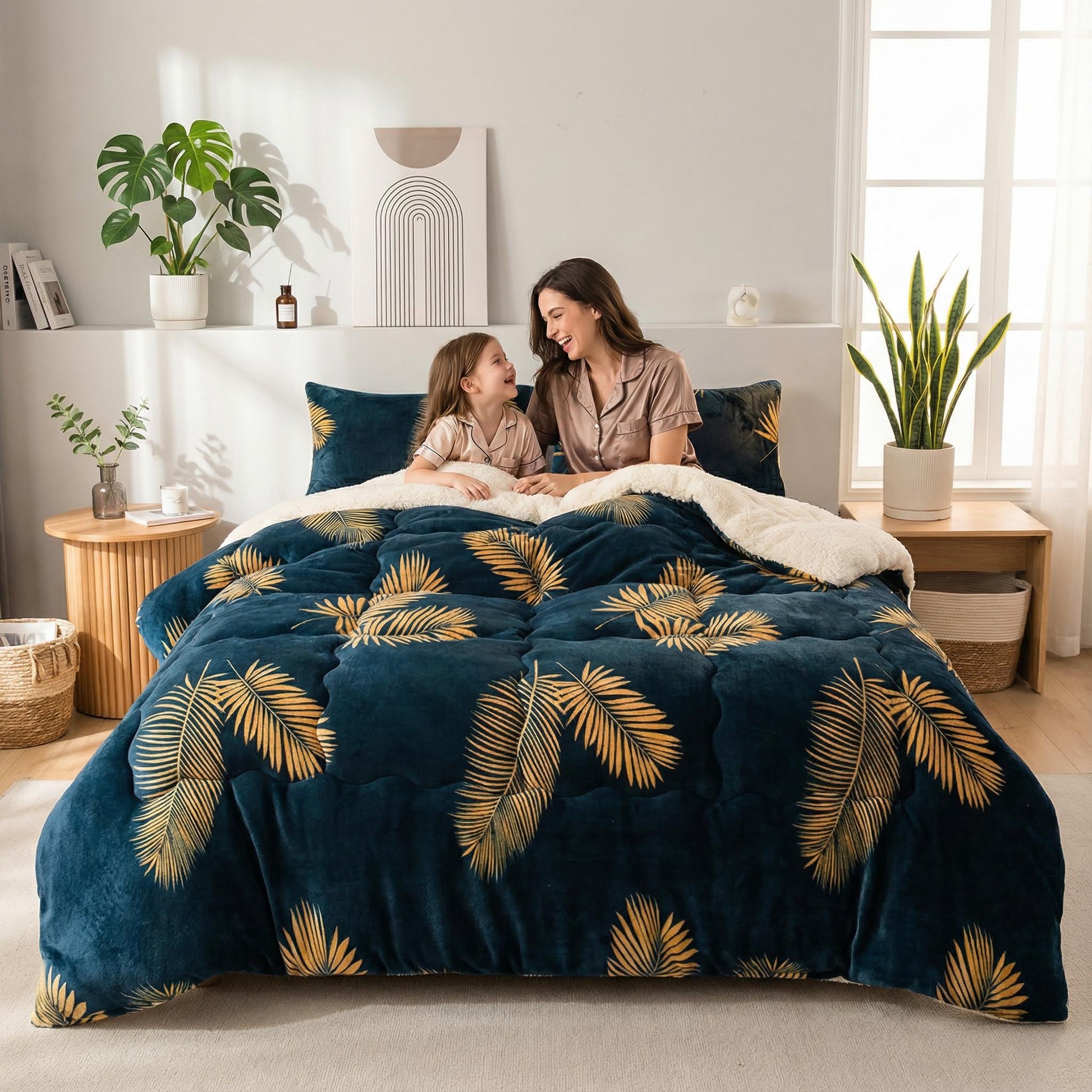 Navy flannel fleece blanket with golden palm leaves, reversible to cream sherpa, on a bed with a mother and child.