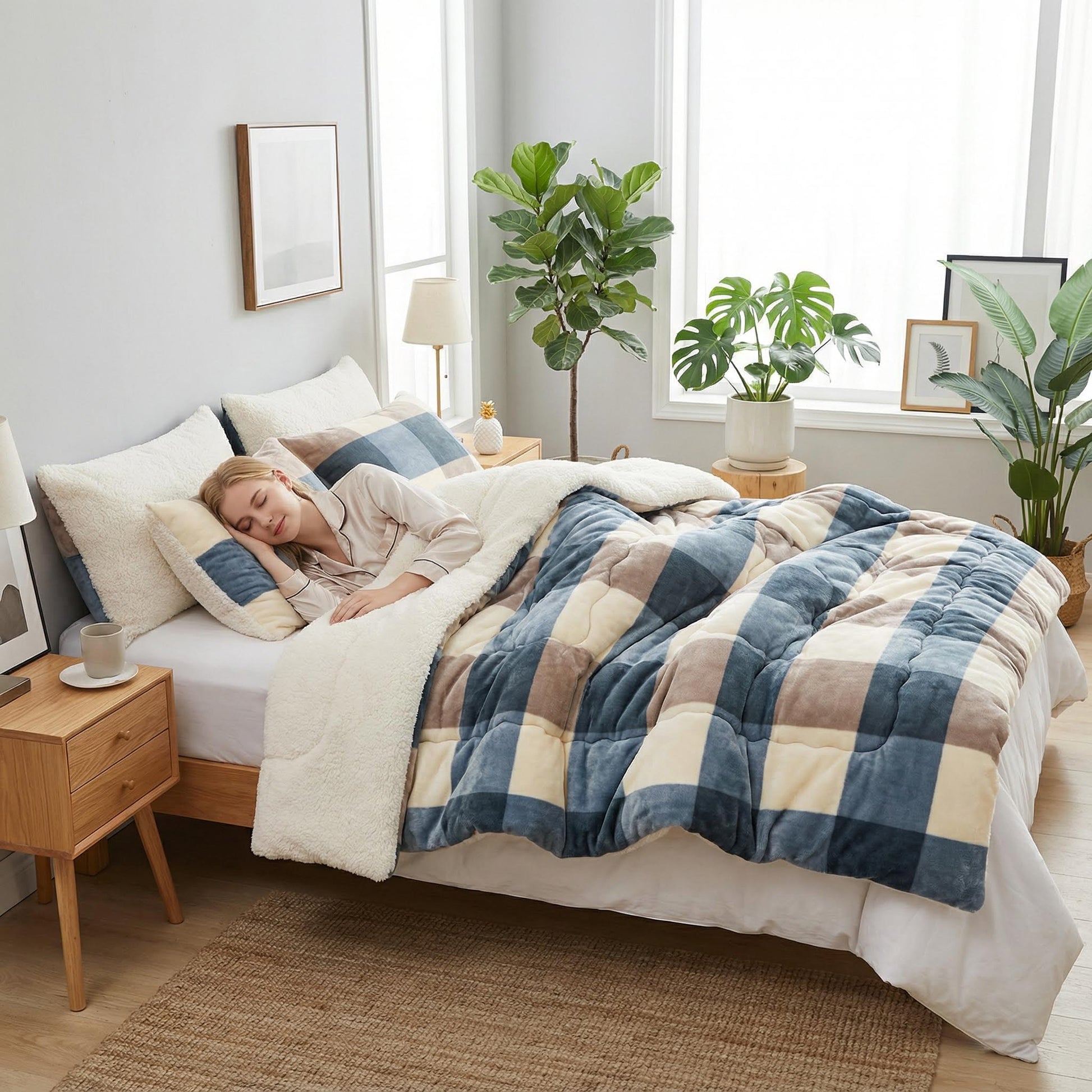 Woman sleeping soundly under a cozy blue, brown, and cream plaid flannel fleece blanket with a plush sherpa lining.