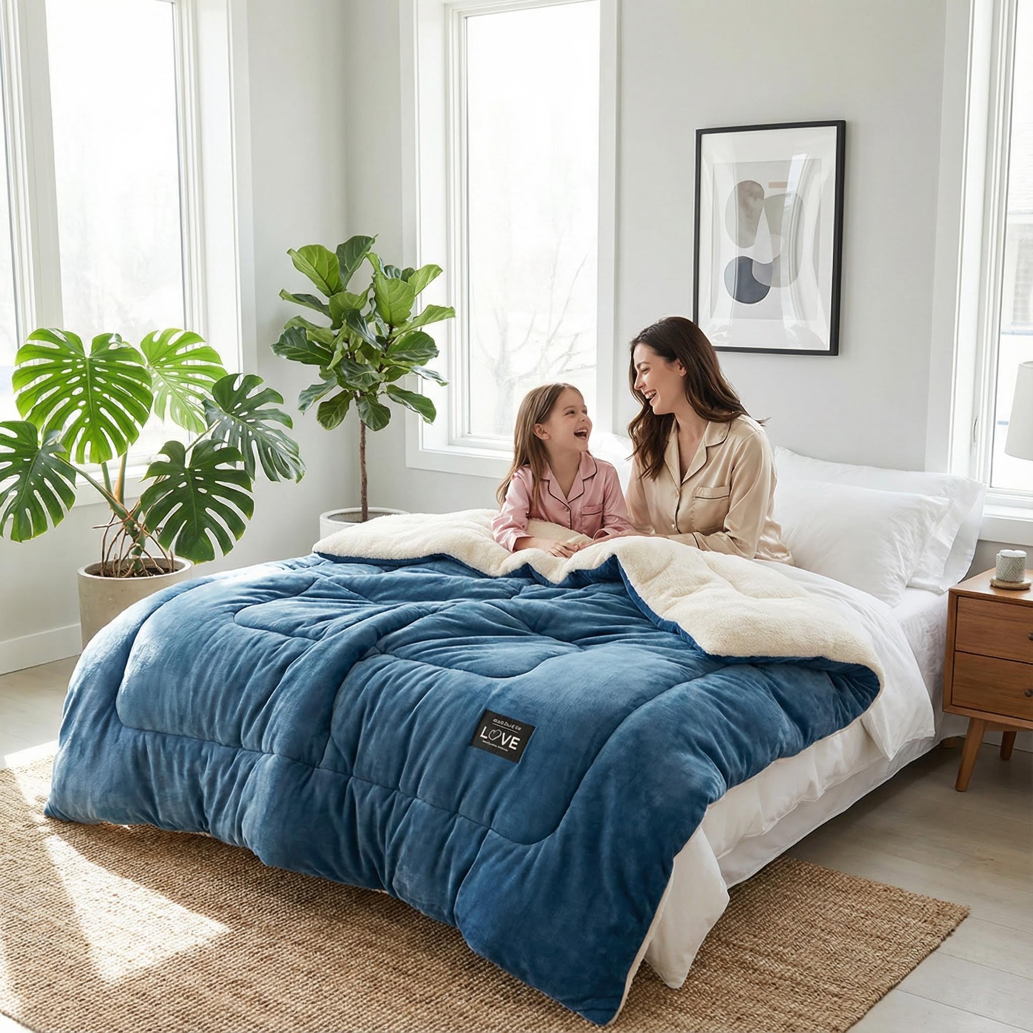 Blue flannel fleece blanket with plush texture and cream sherpa lining on a bed with a mother and child.