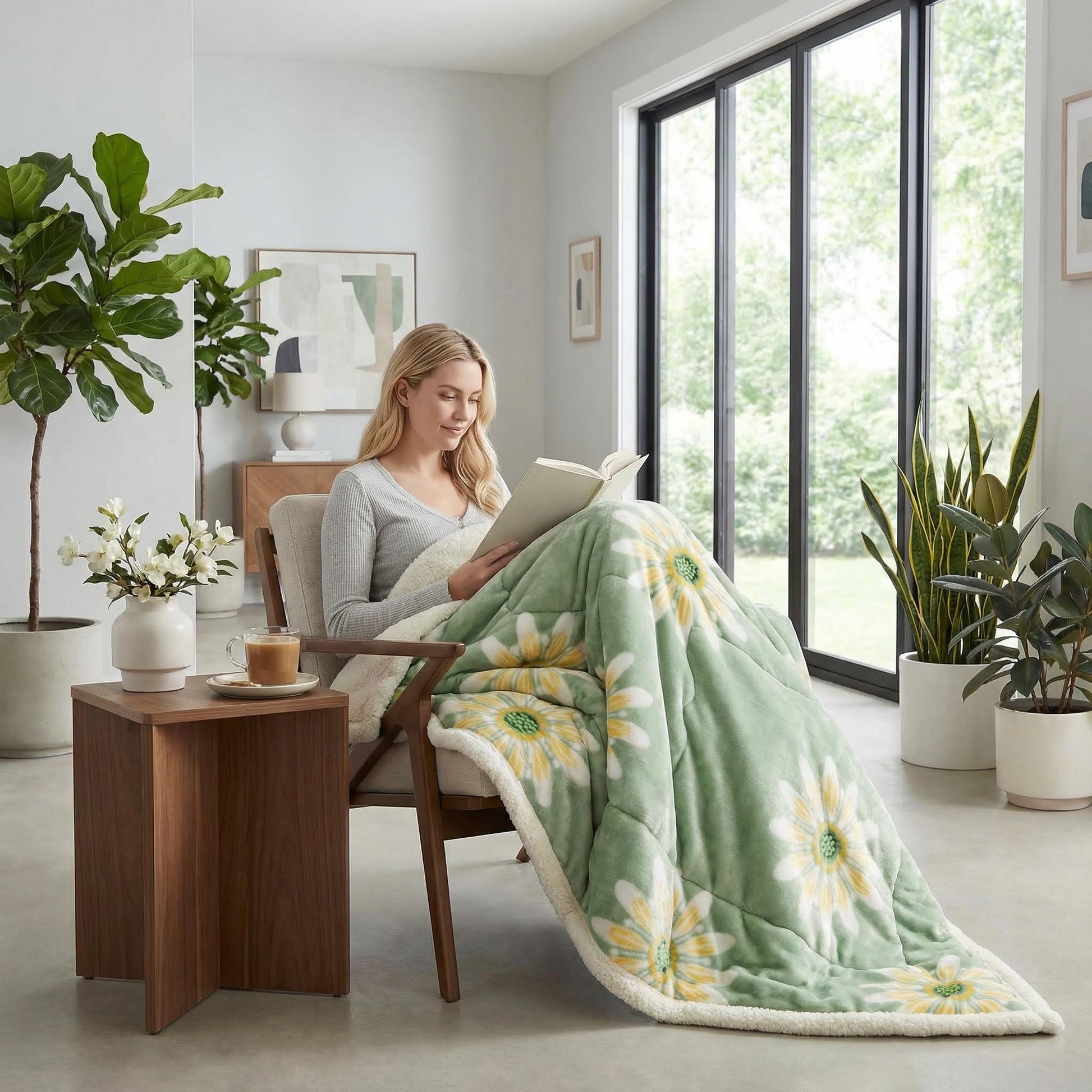 Woman relaxing in a chair, covered by a soft, reversible green flannel fleece blanket with yellow sunflower print.
