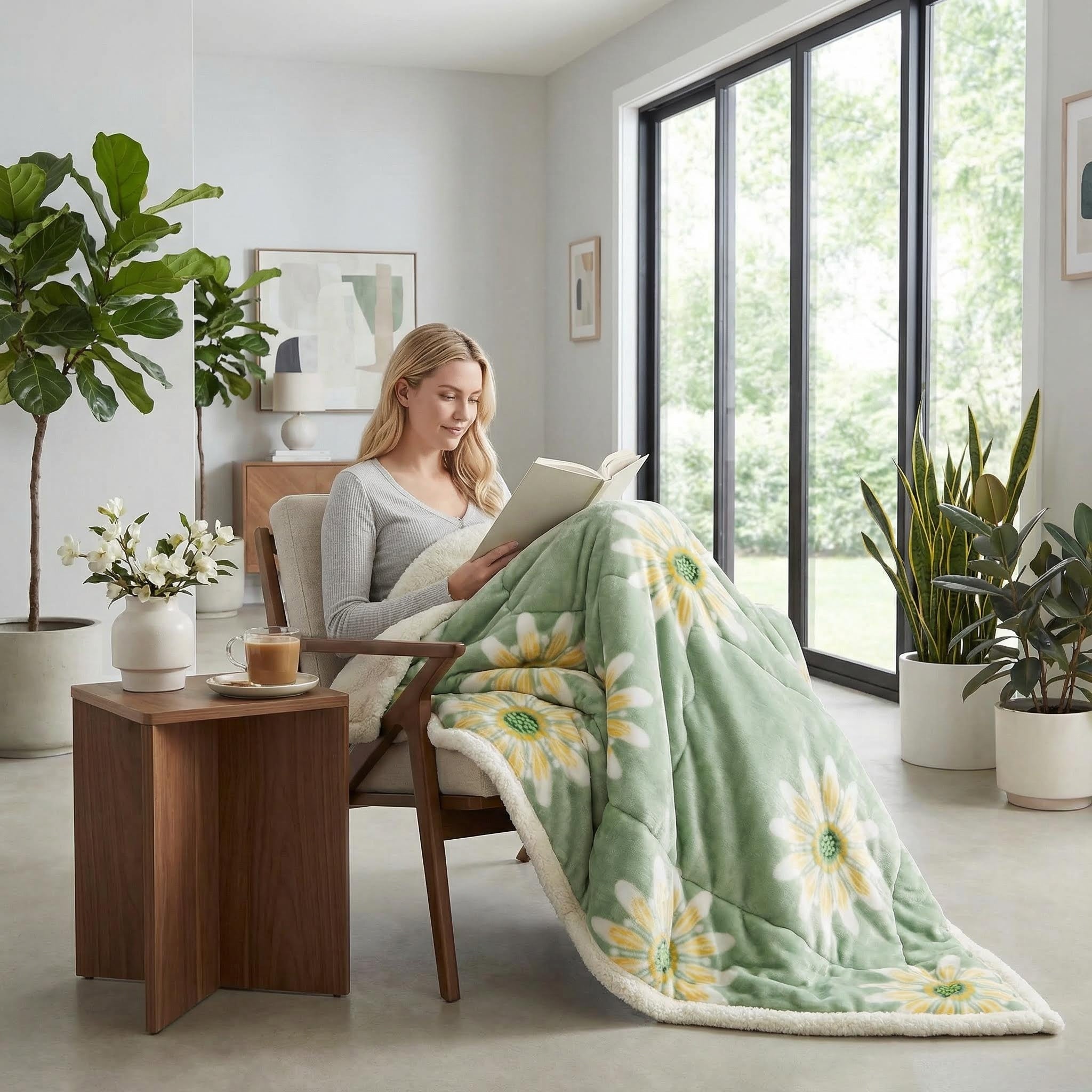 Woman relaxing in a chair, covered by a soft, reversible green flannel fleece blanket with yellow sunflower print.