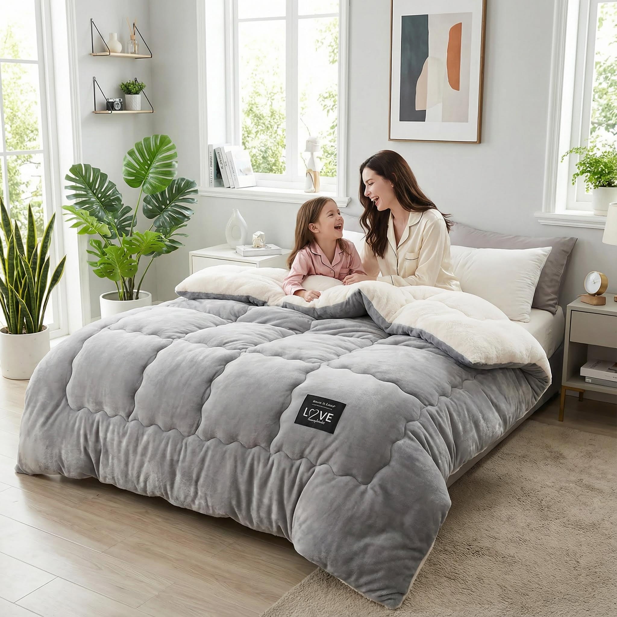 Gray flannel fleece blanket with a plush texture, reversible cream lining, and "LOVE" tag, on a bed with a woman and child.