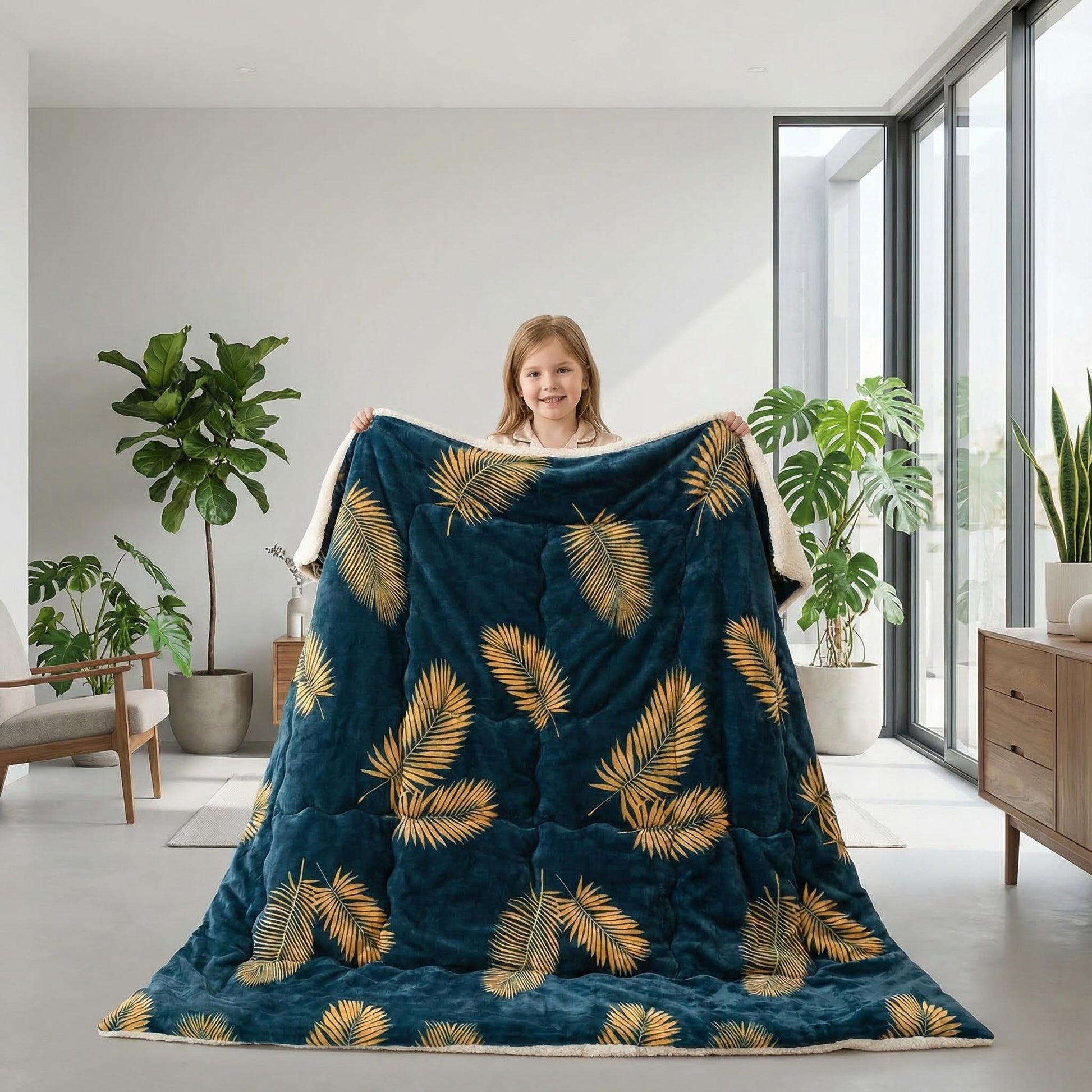 Young girl holding a plush navy blue flannel fleece blanket with a gold palm leaf pattern and sherpa lining.