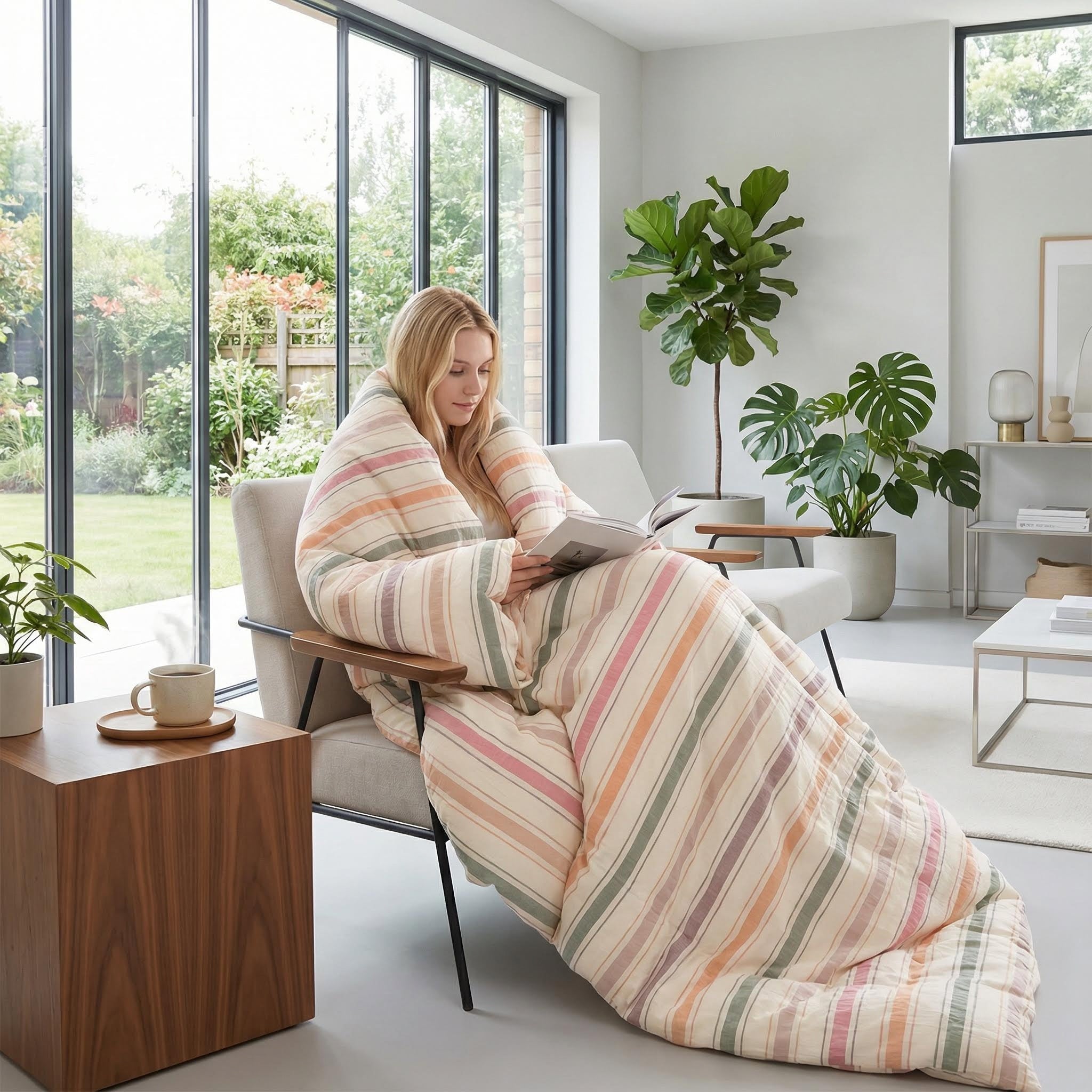 Woman relaxing in a chair, covered in a cozy striped flannel fleece blanket with sleeves, reading a book.