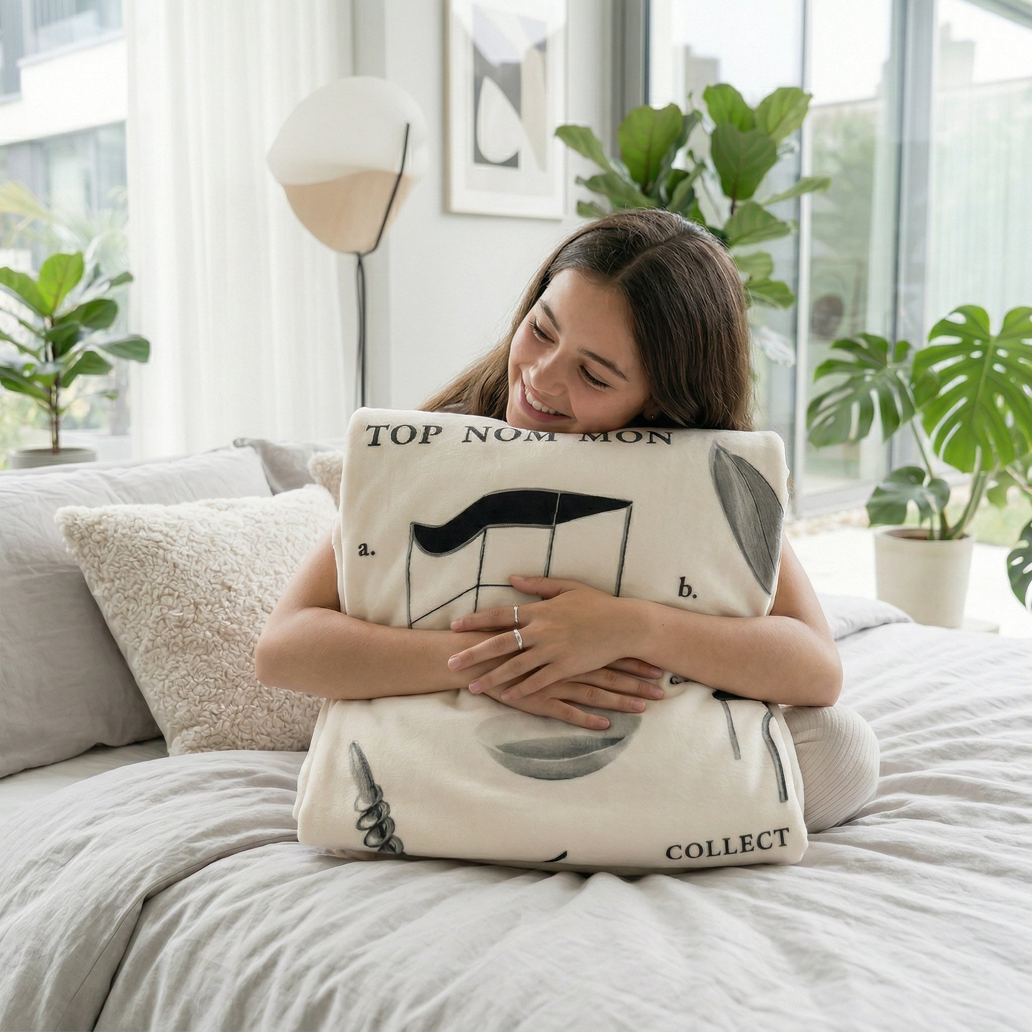 Smiling woman hugging a soft, cream-colored flannel throw blanket with black graphic designs on a bed.