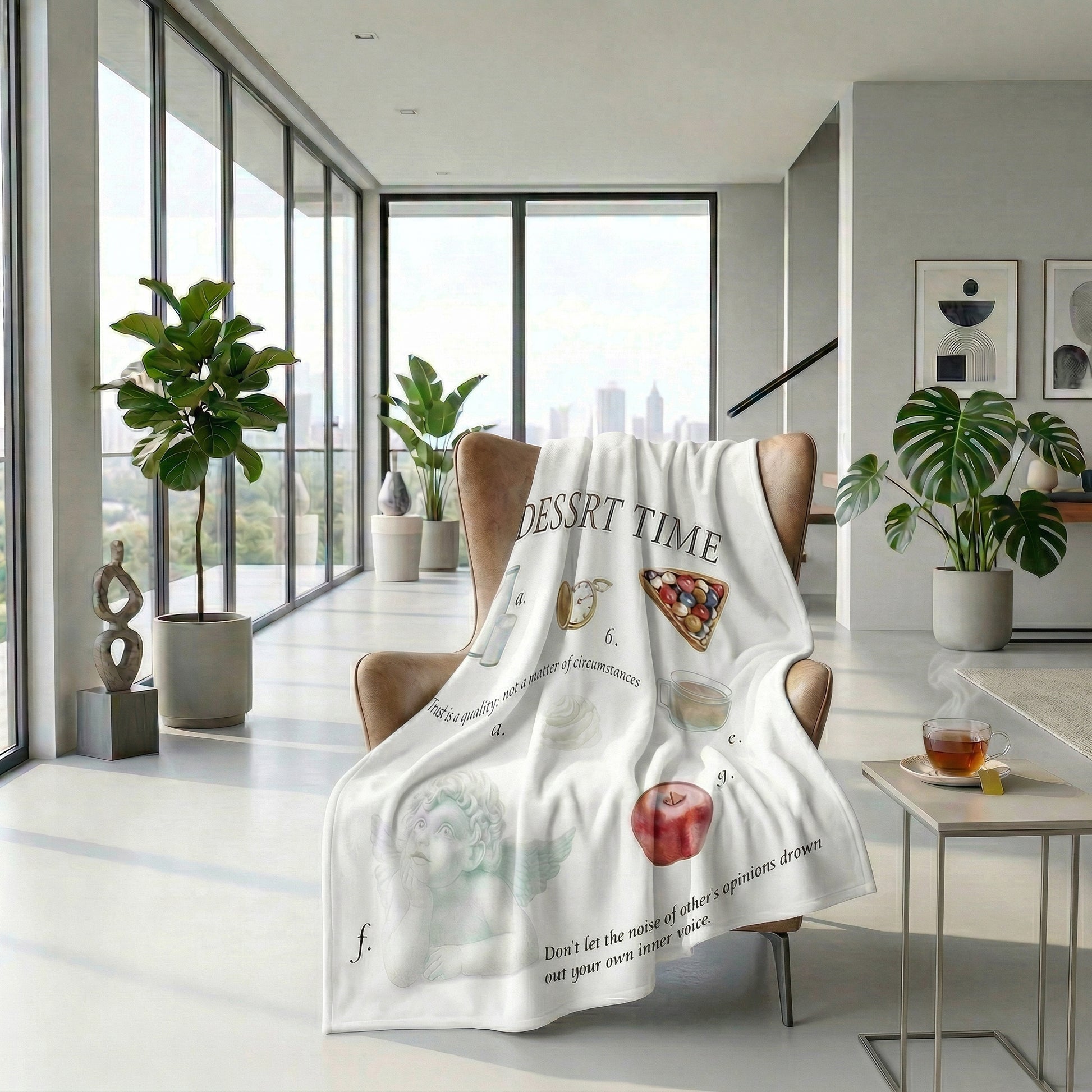 White polyester flannel throw blanket with "DESSERT TIME" text and various dessert illustrations draped over a brown leather armchair.