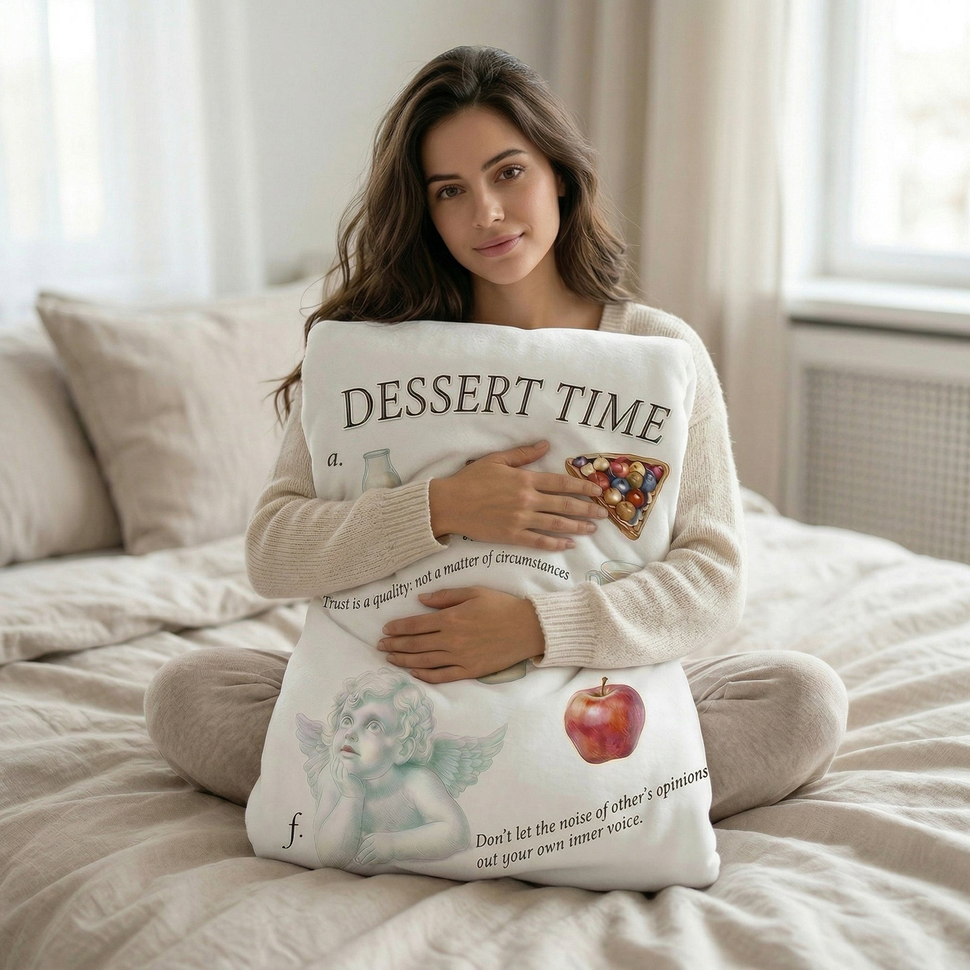 Woman in a beige sweater holding a white decorative pillow with "DESSERT TIME" text and various illustrations.