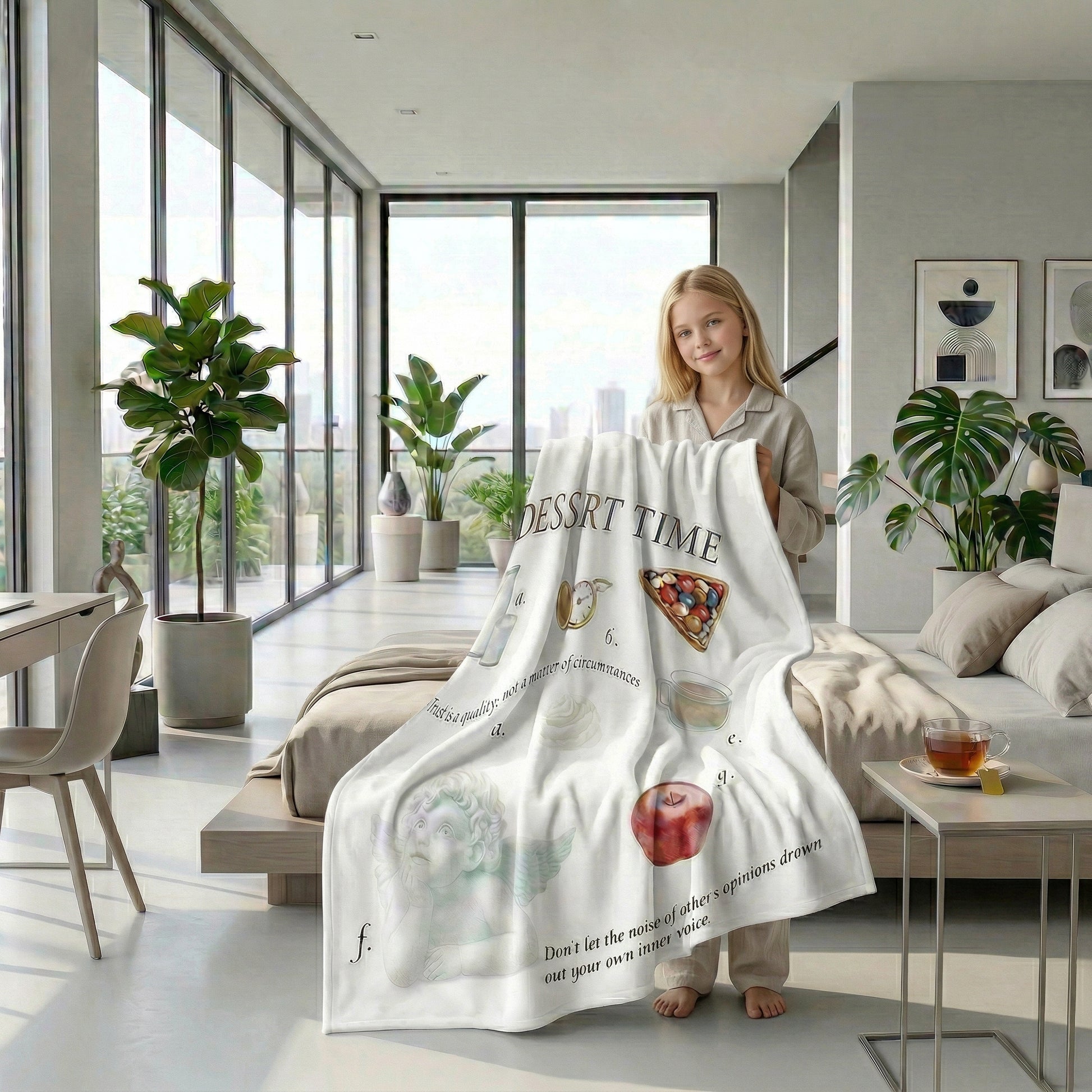 Blonde woman holding a white flannel throw blanket with dessert-themed graphics and text in a modern bedroom.
