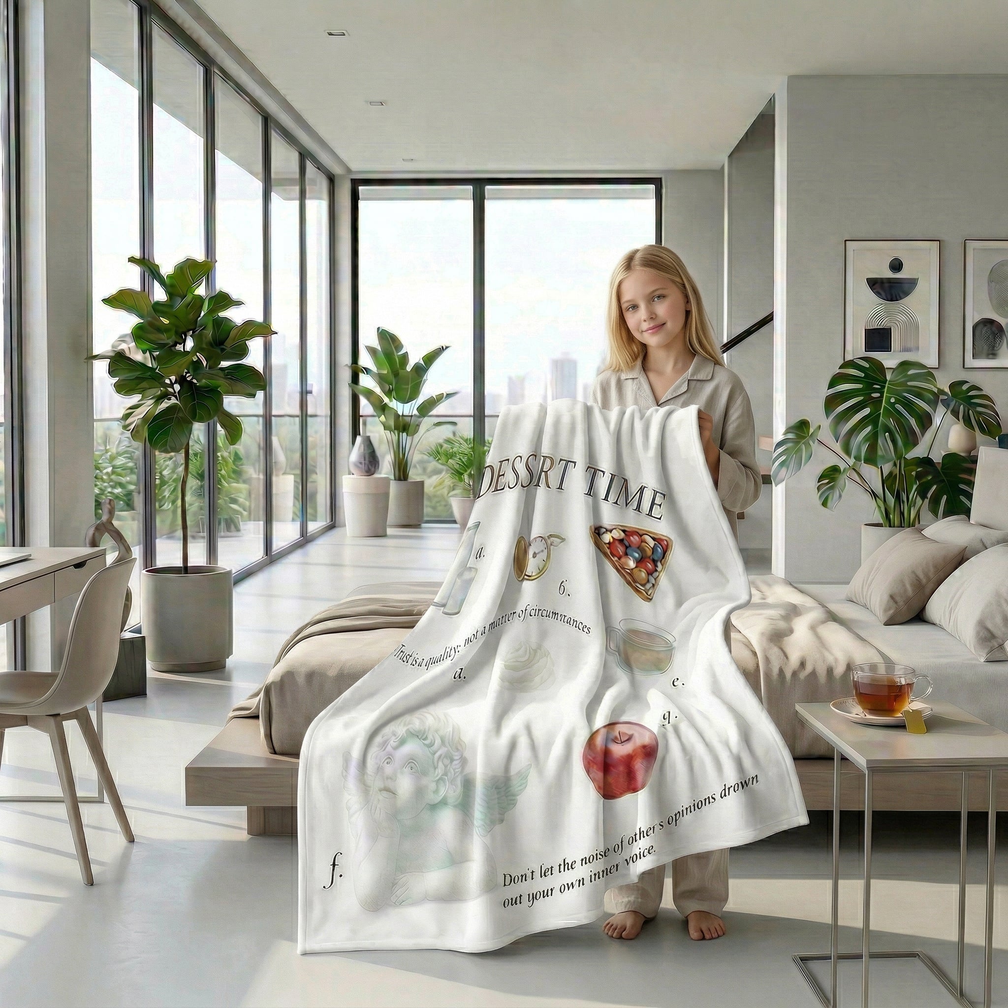 Blonde woman holding a white flannel throw blanket with dessert-themed graphics and text in a modern bedroom.