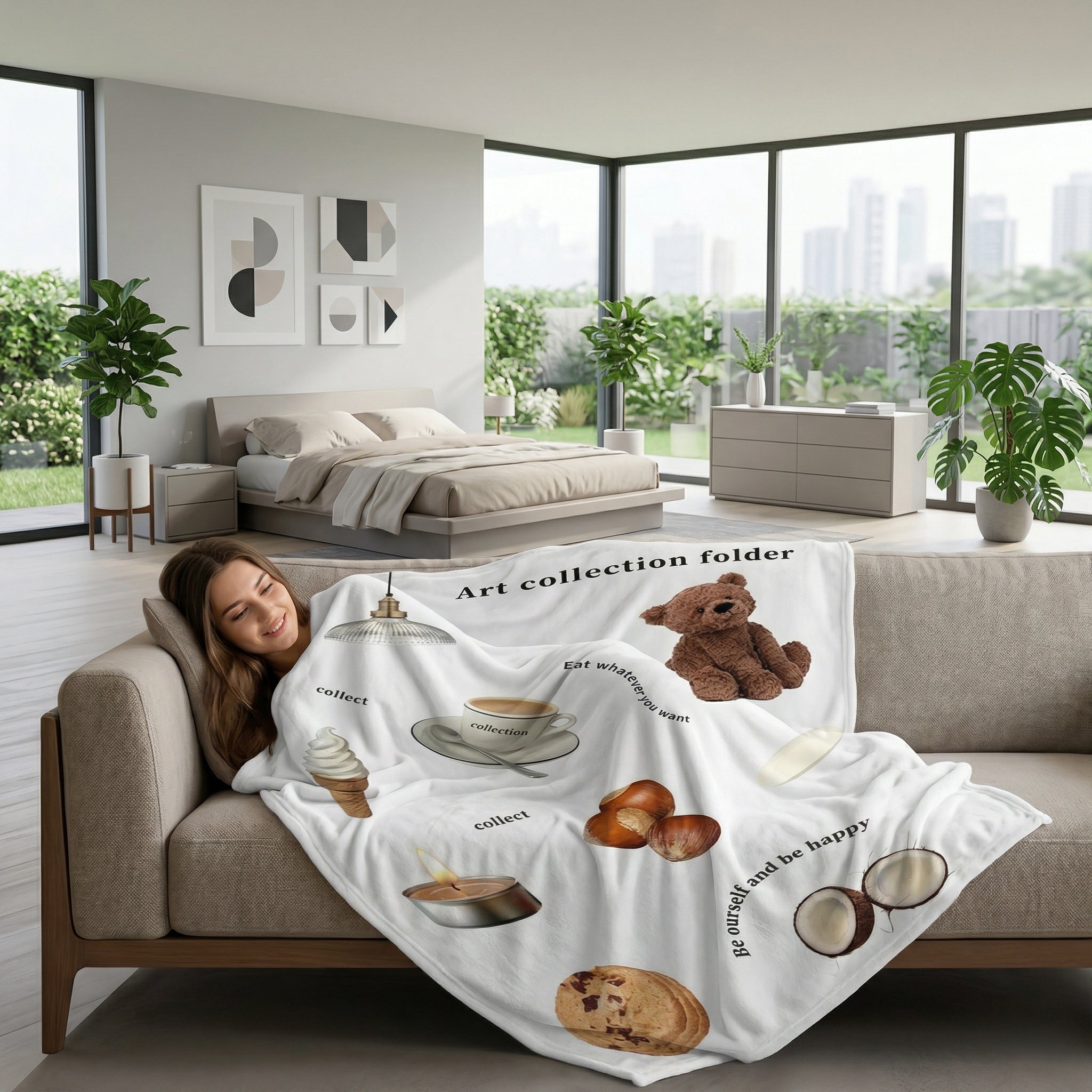 Woman relaxing on a sofa with a white flannel throw blanket featuring various art collection graphics.