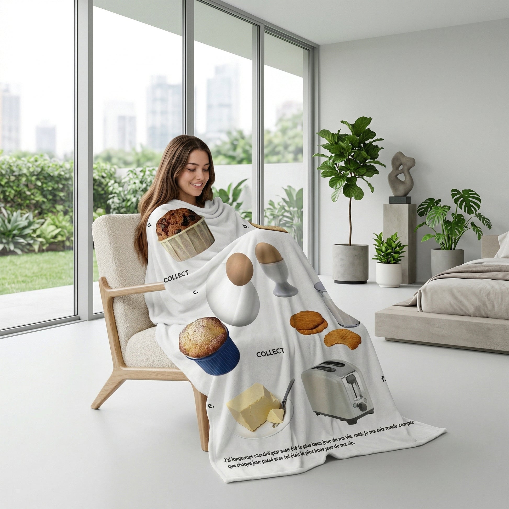 Woman relaxing in a modern living room, wrapped in a white flannel throw blanket with breakfast food illustrations.