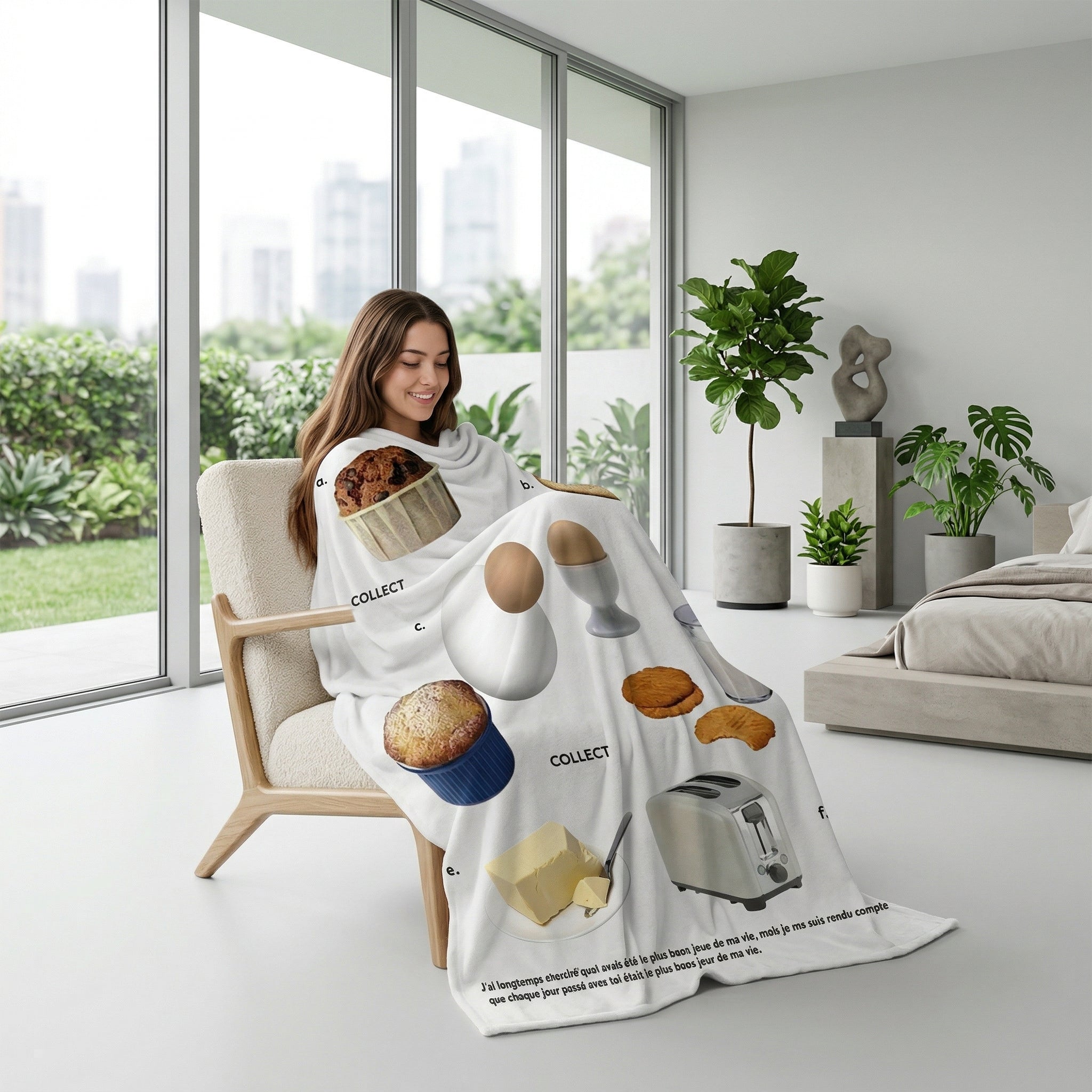Woman relaxing in a modern living room, wrapped in a white flannel throw blanket with breakfast food illustrations.