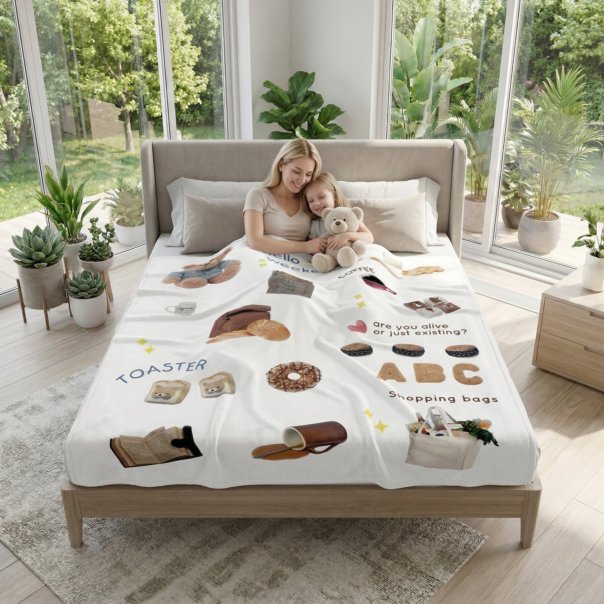 White flannel throw blanket with breakfast-themed illustrations, covering a bed with a mother and child.