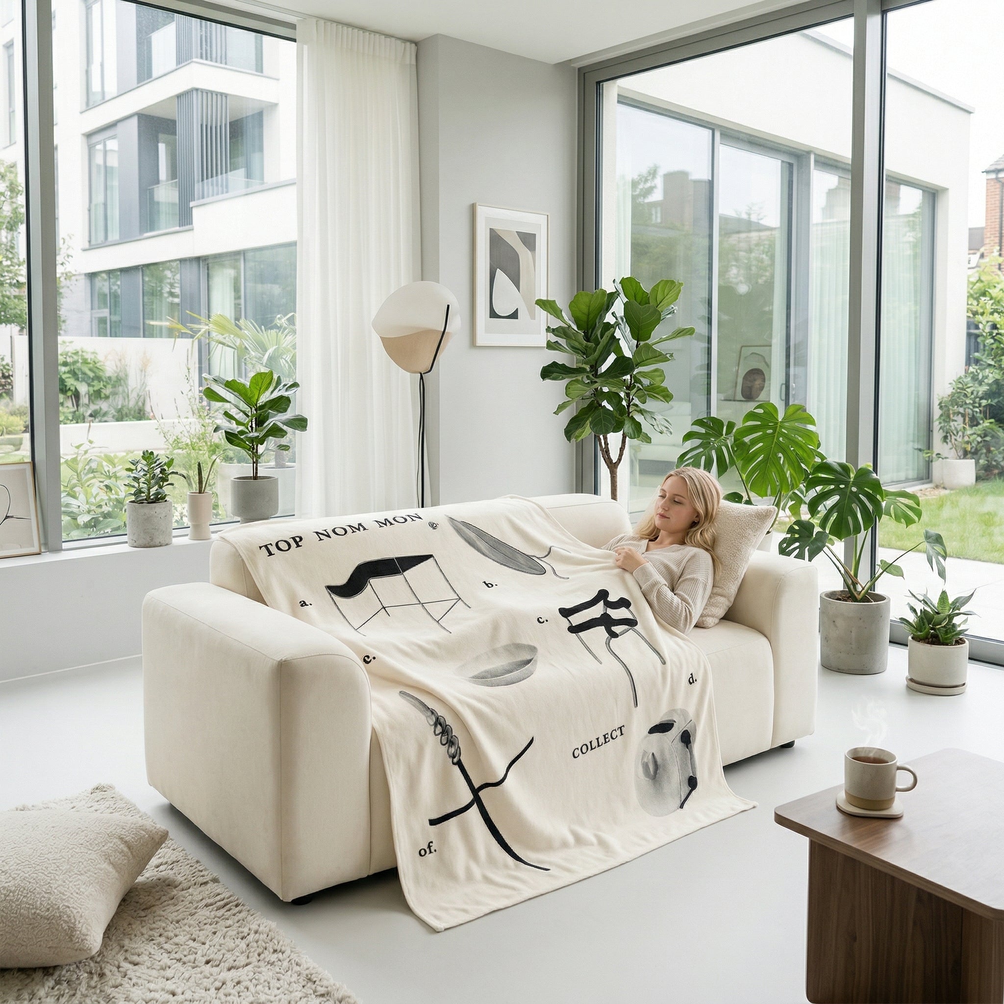 Woman relaxing on a cream sofa under a white flannel throw blanket with black graphic designs in a modern living room.