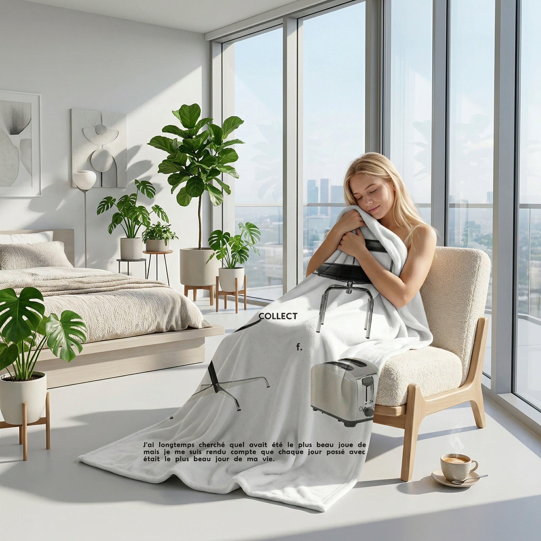 Blonde woman wrapped in a white flannel throw blanket with text, sitting in a modern, sunlit bedroom.