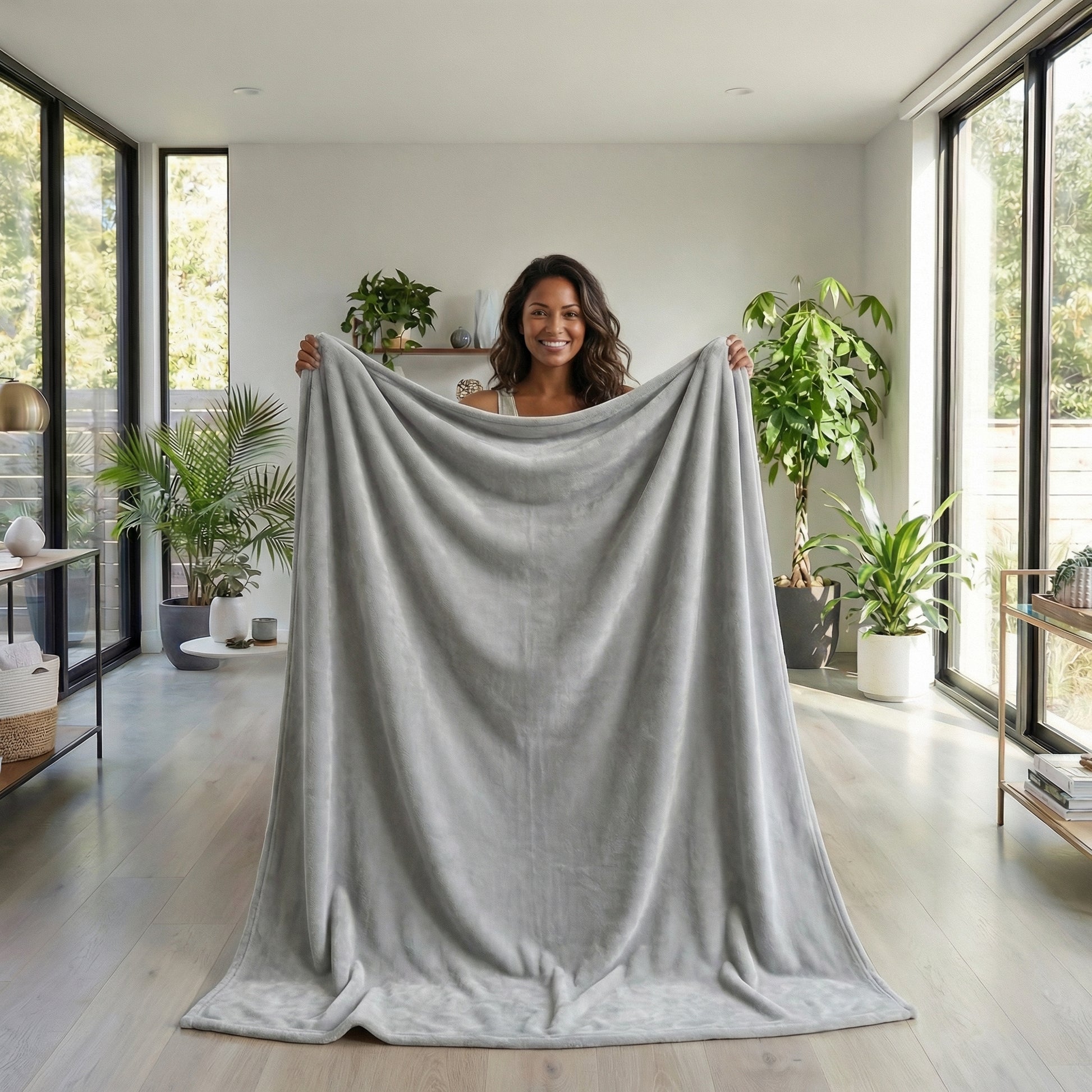 Smiling woman holding up a soft, light gray fleece blanket in a bright, modern living room.