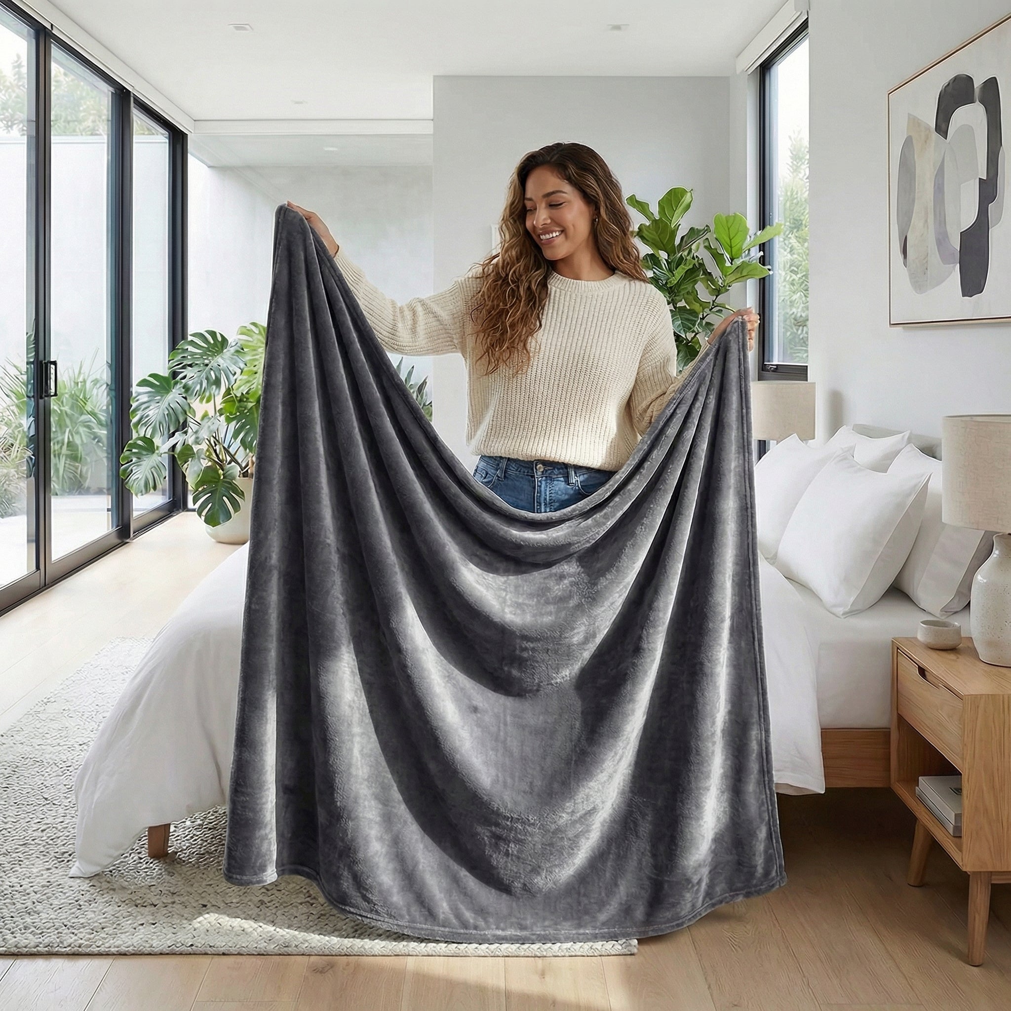 Smiling woman holding up a soft, dark gray fleece blanket in a bright bedroom.