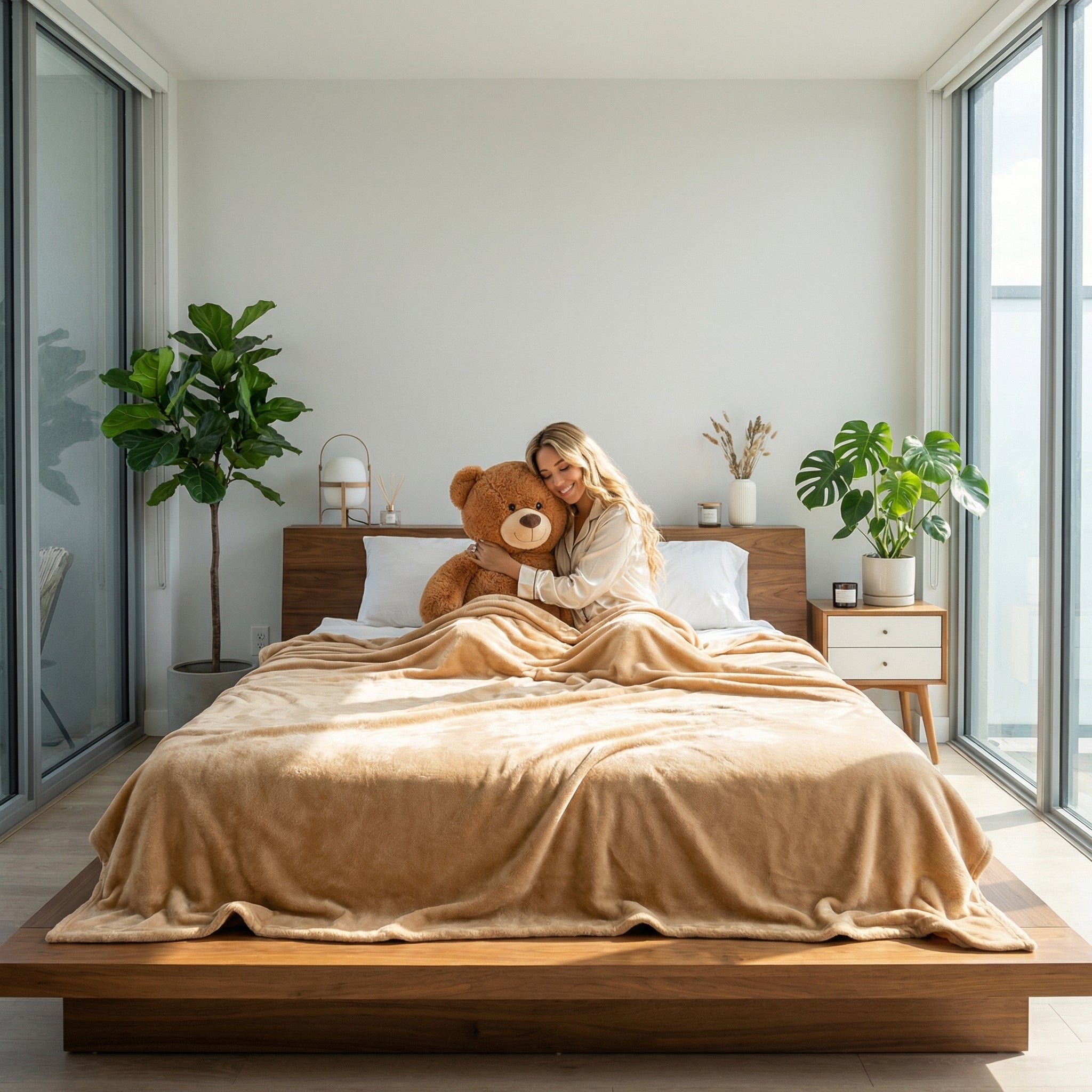 Smiling woman in bed with a large brown teddy bear, covered by a soft, light brown fleece blanket.