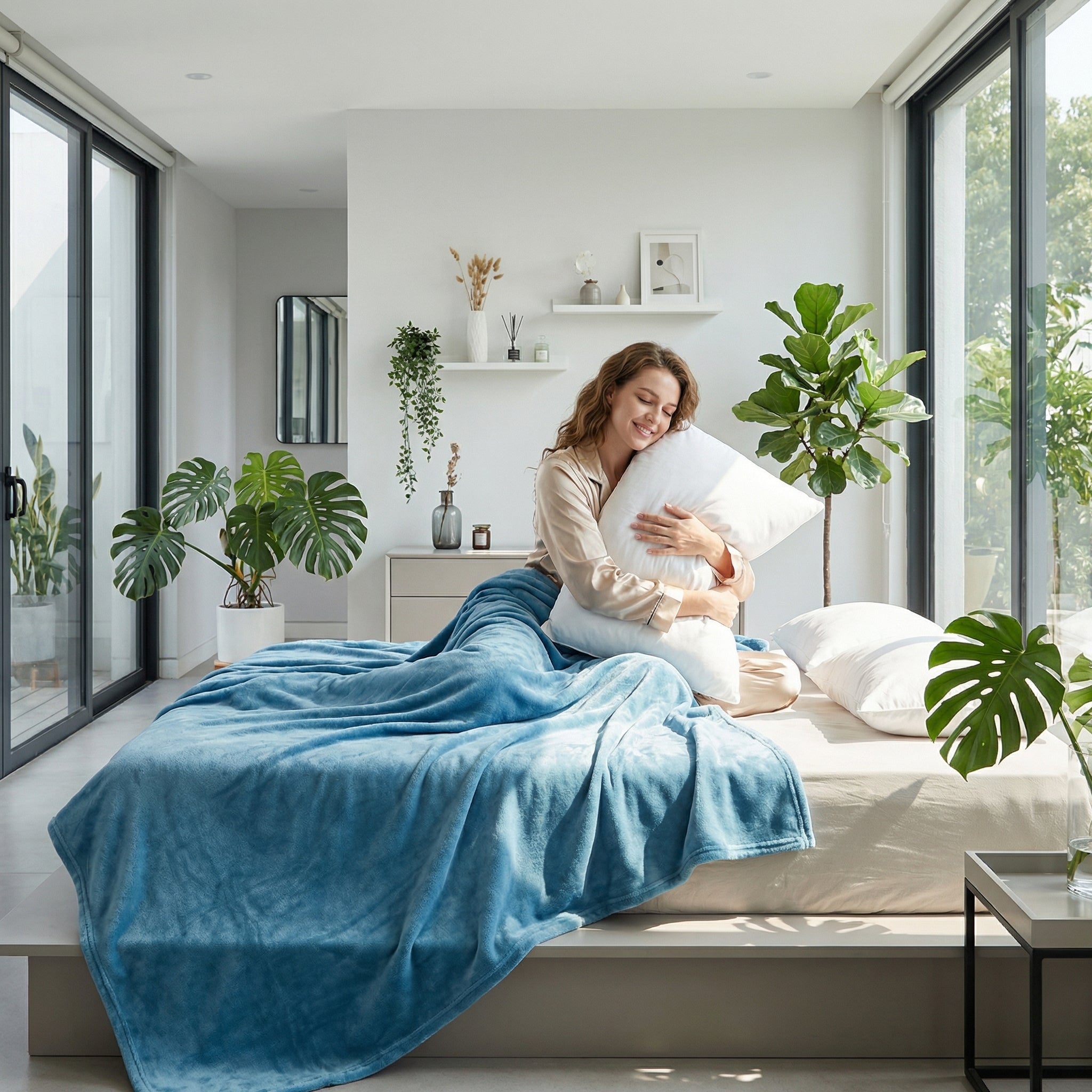 Smiling woman in bed with a soft, lightweight blue fleece blanket and white pillows in a bright bedroom.