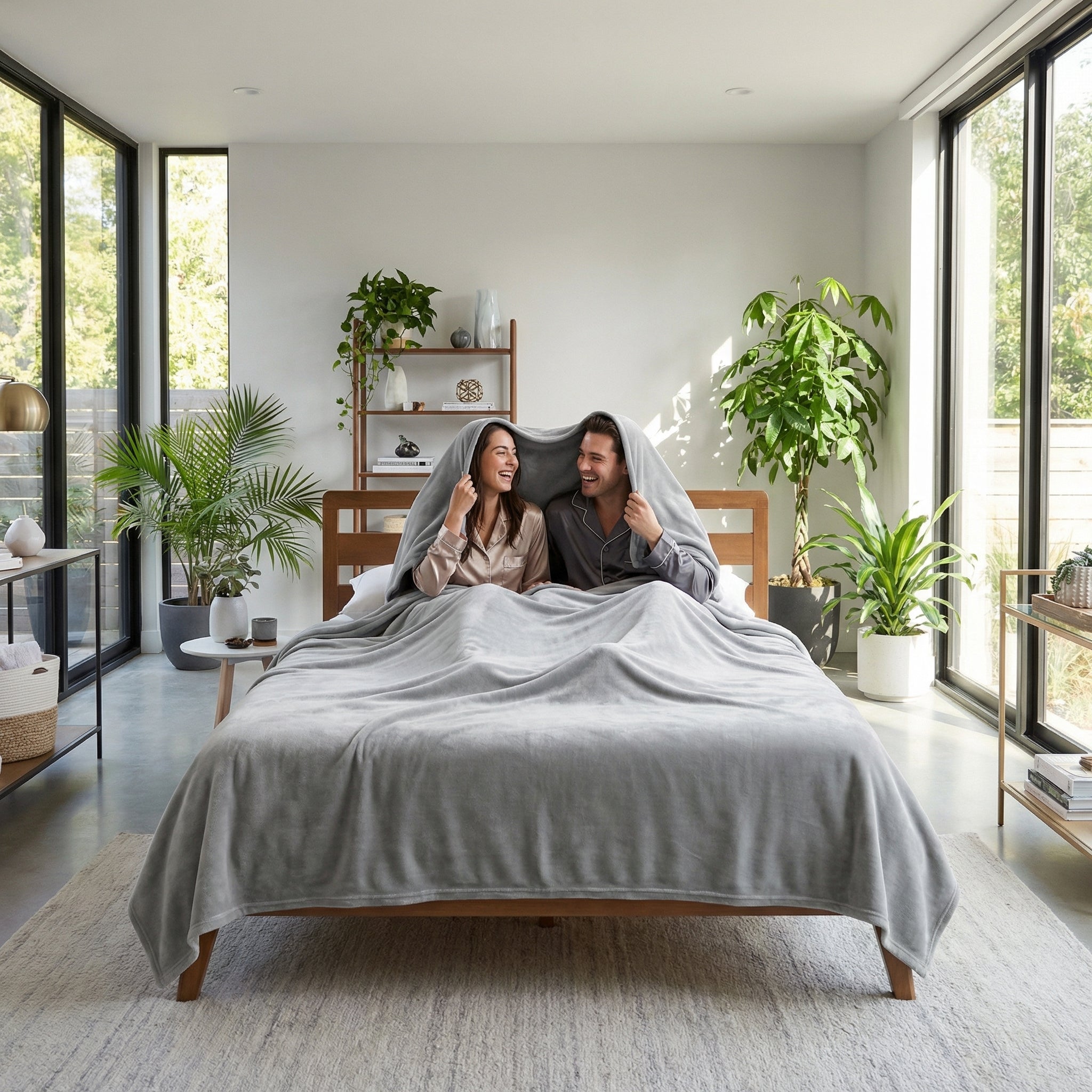 Happy couple under a soft, light gray fleece blanket on a wooden bed in a bright, modern bedroom.