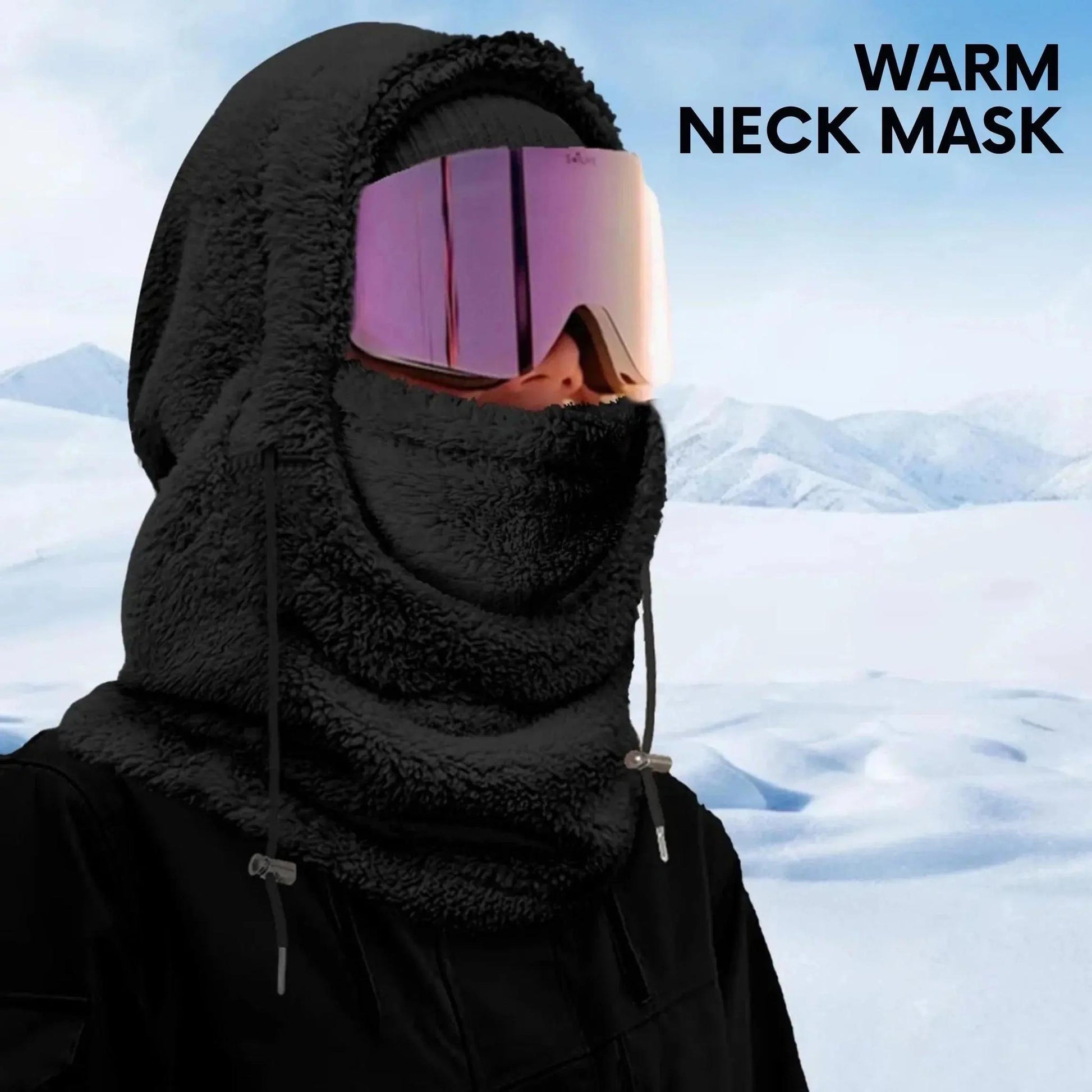 Black fleece-lined hooded beanie scarf worn with ski goggles in a snowy landscape.
